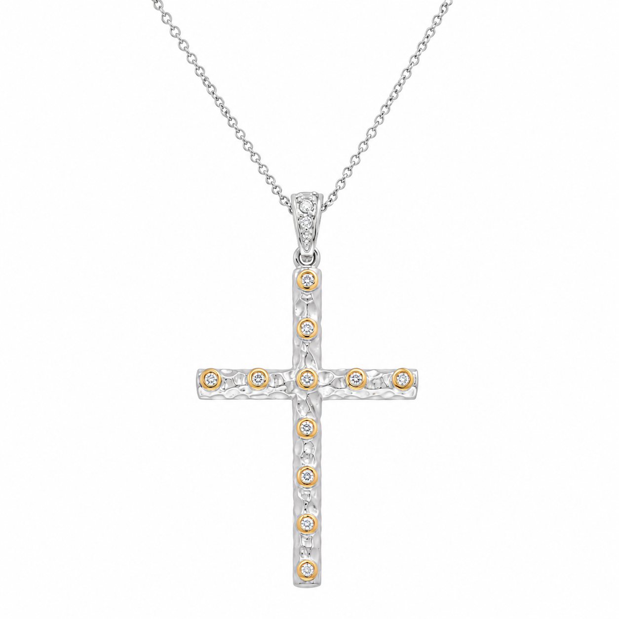 Clearance-Rhodium Plated 925 Silver Brushed Hammered CZ Accent Cross Pendant Necklace - STP01065
