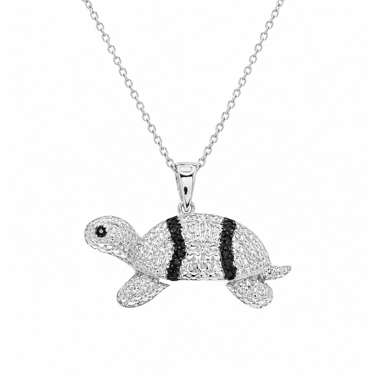 Rhodium Plated 925 Sterling Silver Black & Clear Cz Turtle Pendant Necklace - STP01317