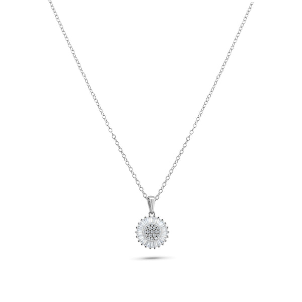 Silver 925 Rhodium Plated Clear Cluster and Baguette CZ Flower Pendant Necklace - STP01370