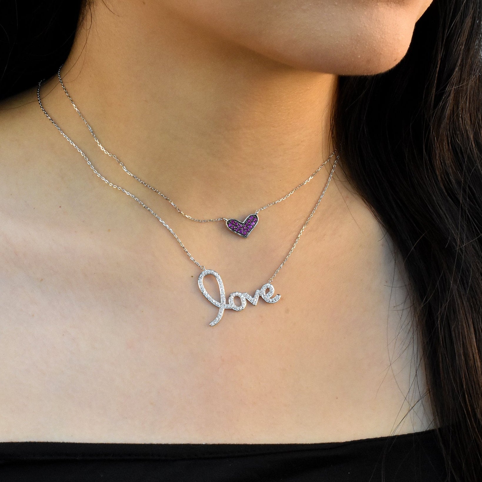 Collar con colgante de amor con circonita transparente chapada en rodio de plata 925 - STP01371