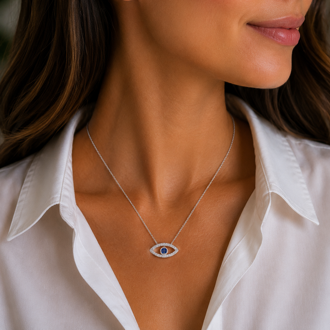 Rhodium Plated 925 Sterling Silver CZ Evil Eye Pendant Necklace - STP01441