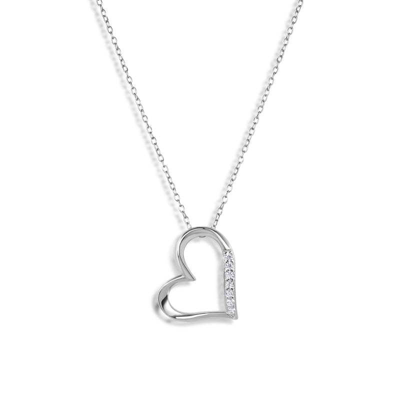 Silver 925 Rhodium Plated Slanted Heart Pendant Necklace - STP01457