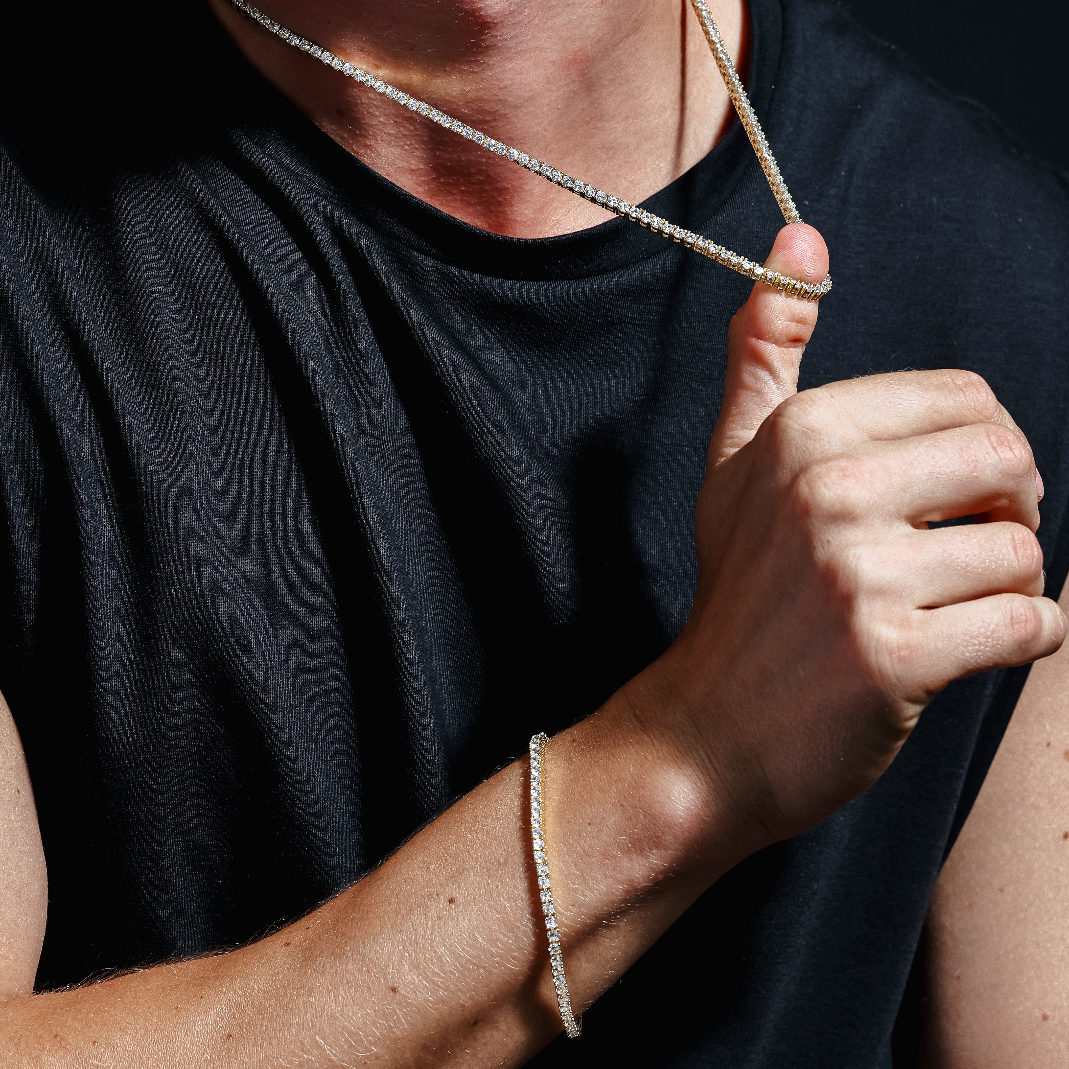 Collar y pulsera de tenis con circonitas redondas de 3 mm en plata de ley 925 bañada en oro - STP01709 GP