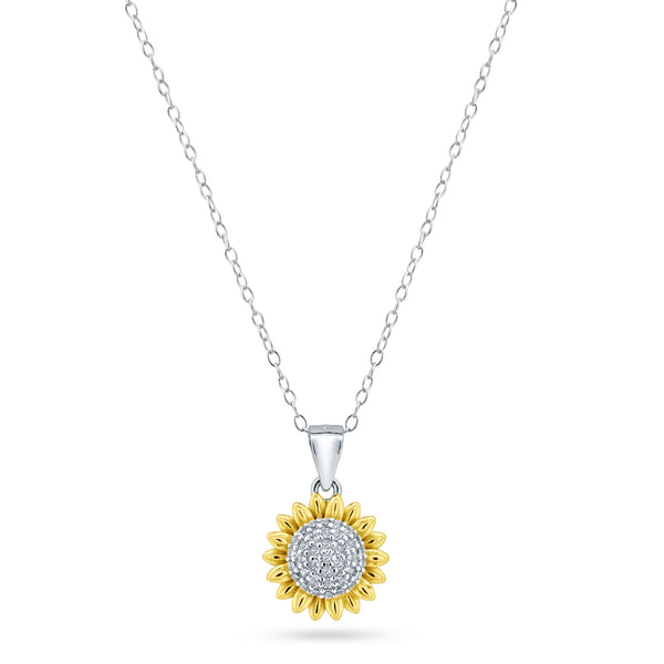 Rhodium Plated 925 Sterling Silver 2 Tone Sunflower CZ Pendant with Chain - STP01852