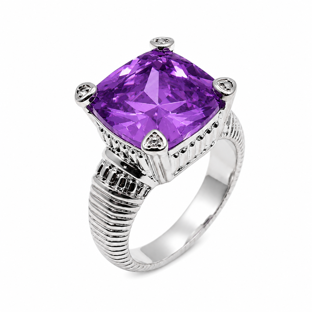 Clearance-Rhodium Plated 925 Sterling Silver Cusion Colored CZ Cocktail Ring- STR00146