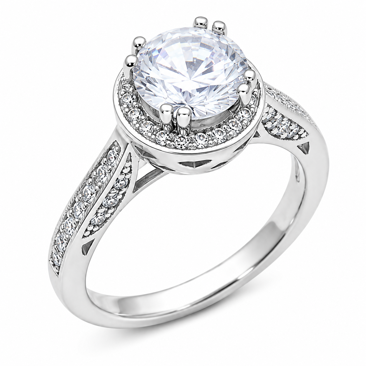 Rhodium Plated 925 Silver Micro Pave Clear Round CZ Bridal Engagement Ring - STR00934