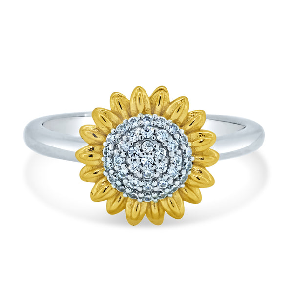 925 Sterling Silver Rhodium and Gold Plated Cubic Zirconia Sunflower Ring - STR01173