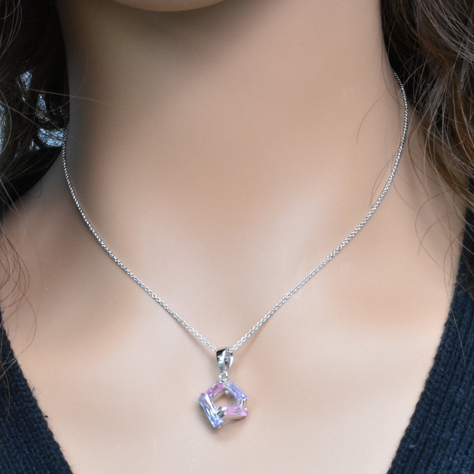 Clearance-Silver 925 Rhodium Plated Pink & Lavender Baguette CZ Stud Earring and Necklace Set - STS00003