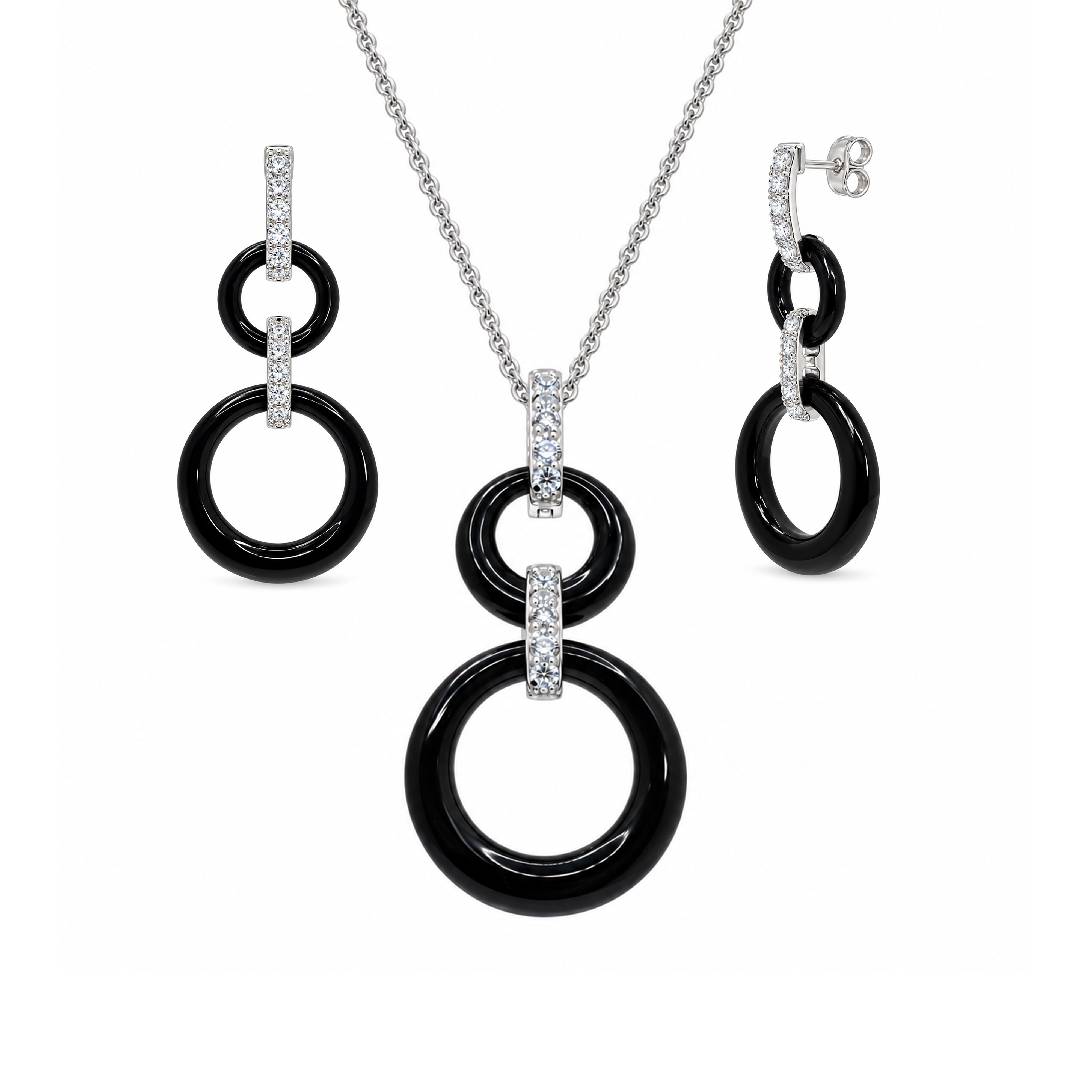 Final Price- Rhodium Plated 925 Sterling Silver Black Onyx Circle & CZ Necklace and Earring Set- STS00018