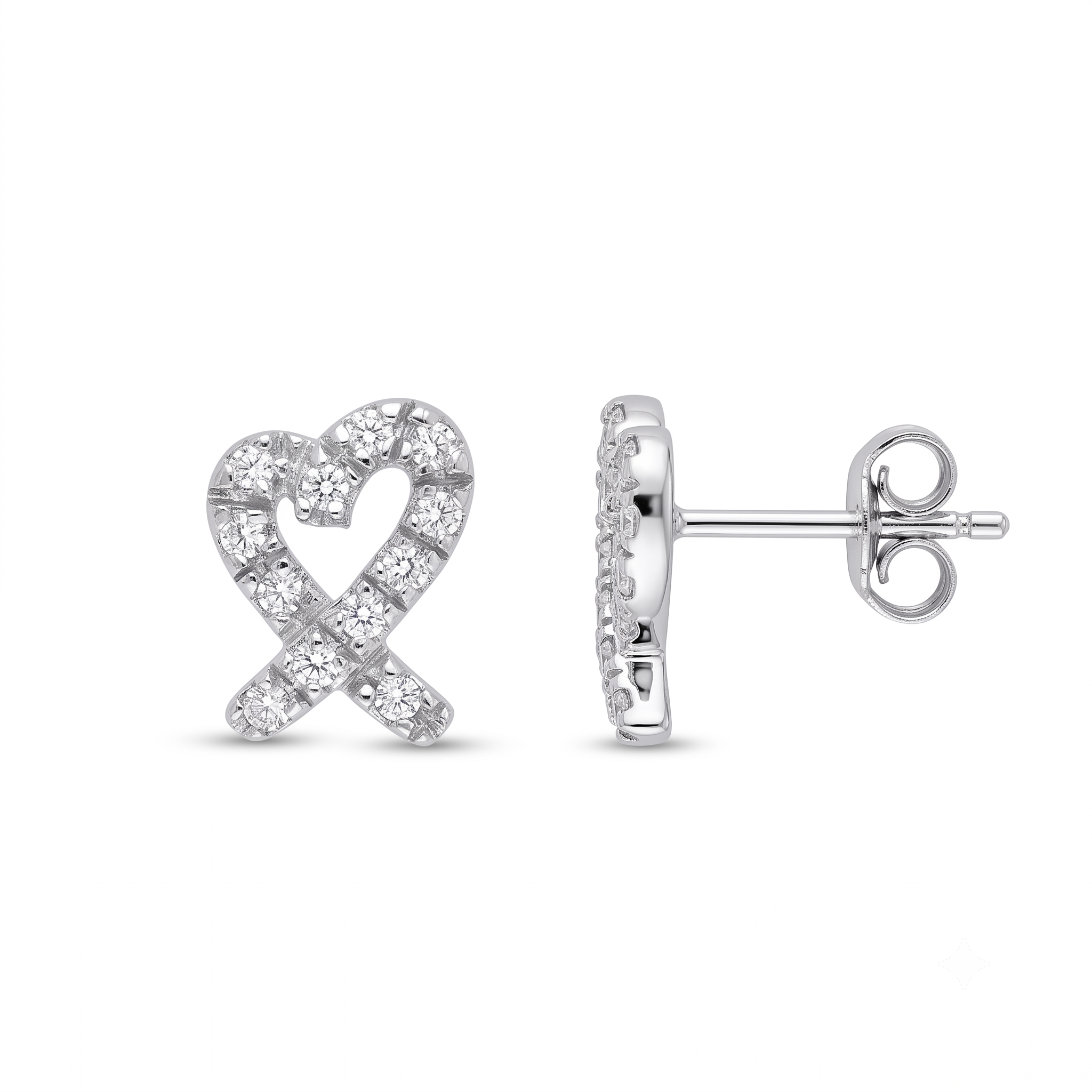 Rhodium Plated 925 Silver Ribbon Heart CZ Stud Earring and Necklace Set - STS00027