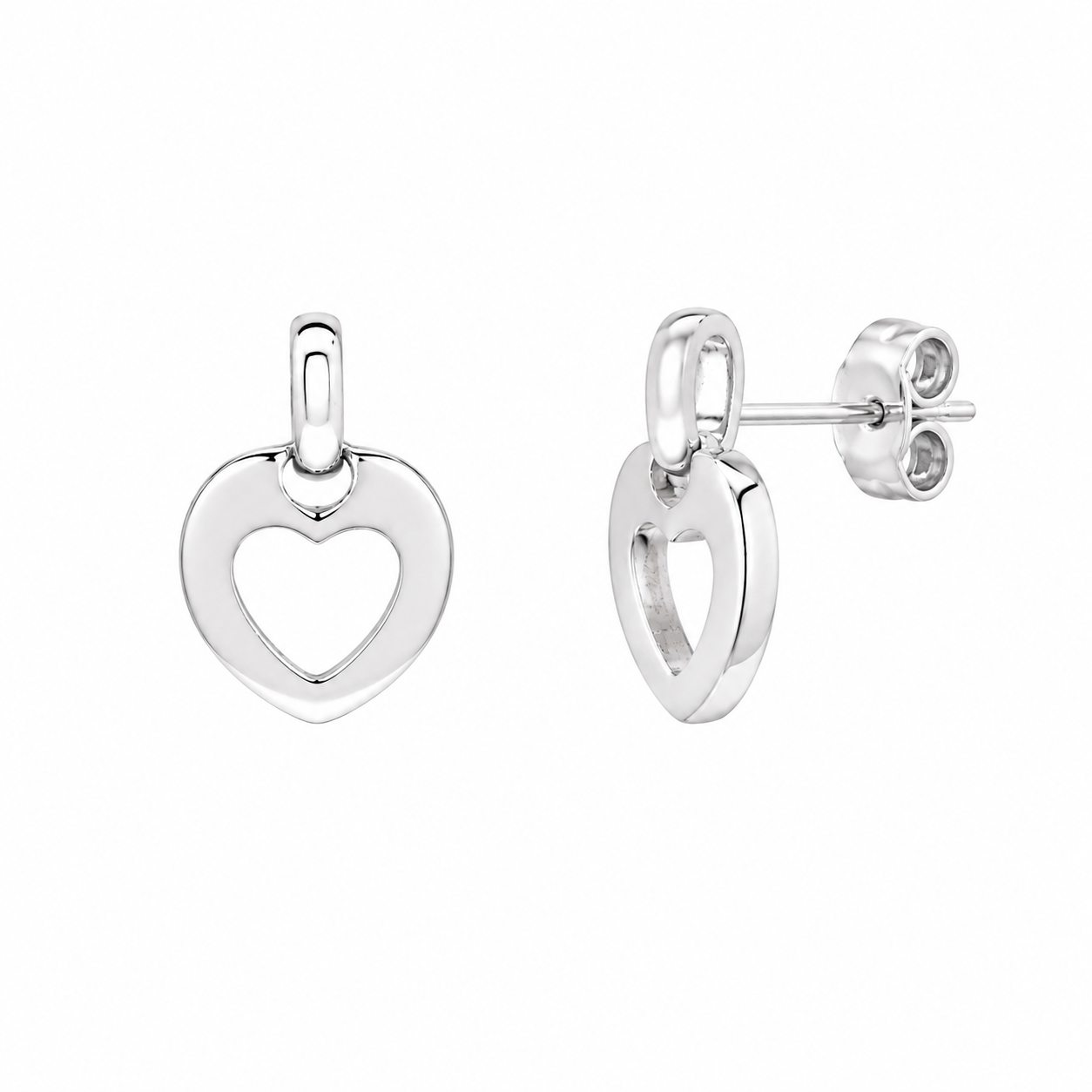Clearance-Rhodium Plated 925 Silver Open Circle Heart Stud Earring and Dangling Necklace Set - STS00028