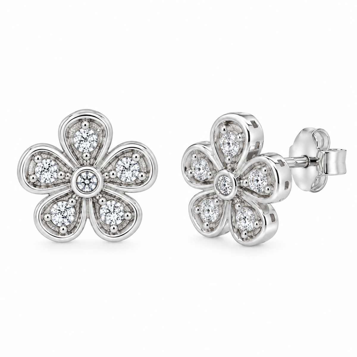 Conjunto de pendientes y collar con incrustaciones de circonitas y flor en plata de ley 925 rodiada - STS00064