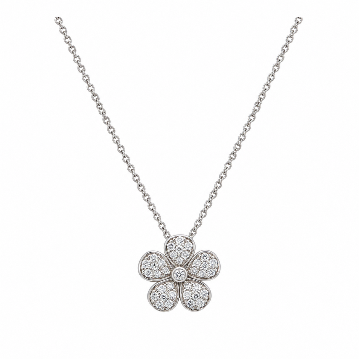 Conjunto de pendientes y collar con incrustaciones de circonitas y flor en plata de ley 925 rodiada - STS00064