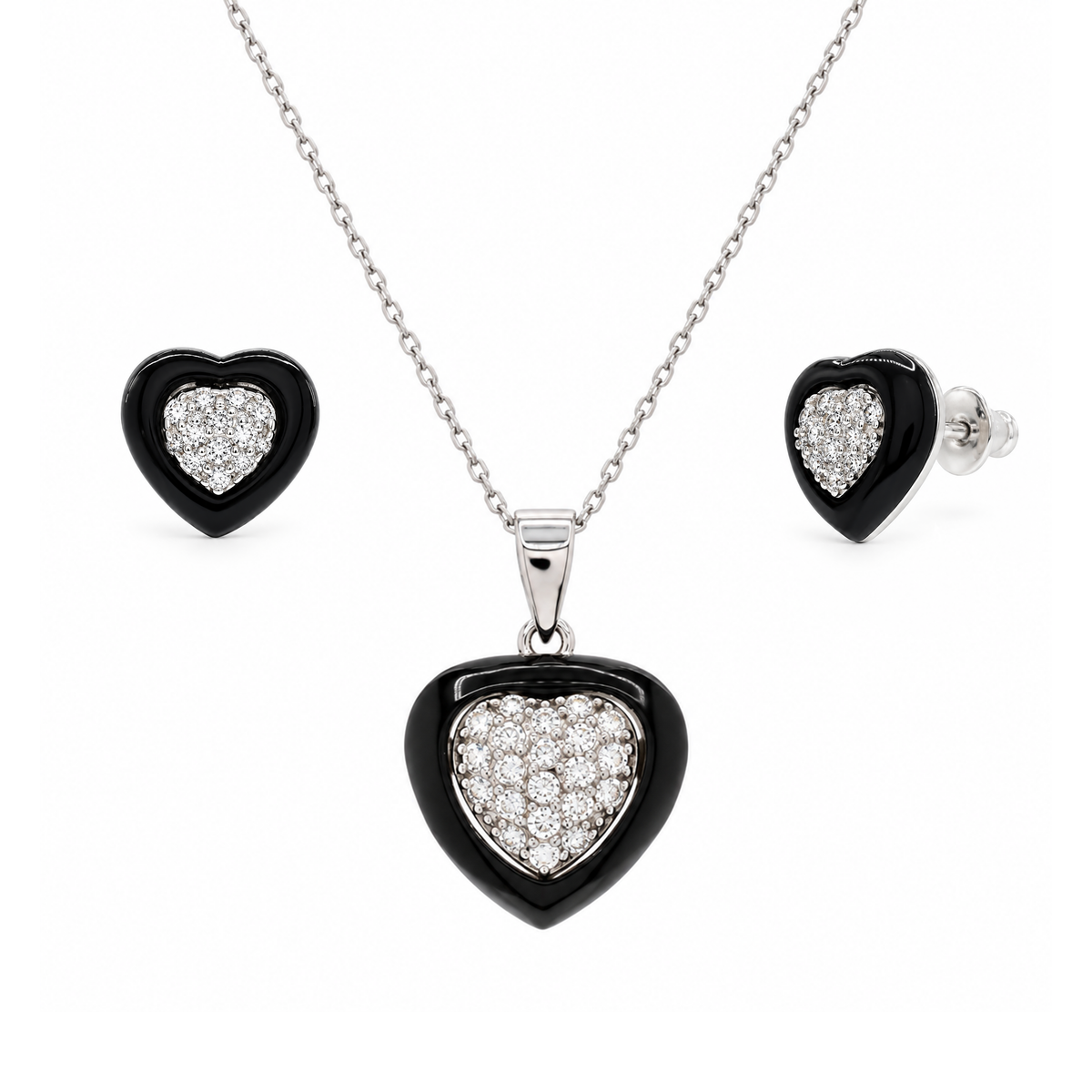 Clearance-Rhodium Plated 925 Sterling Silver Heart Clear CZ Inlay Black Onyx Stud Set - STS00108