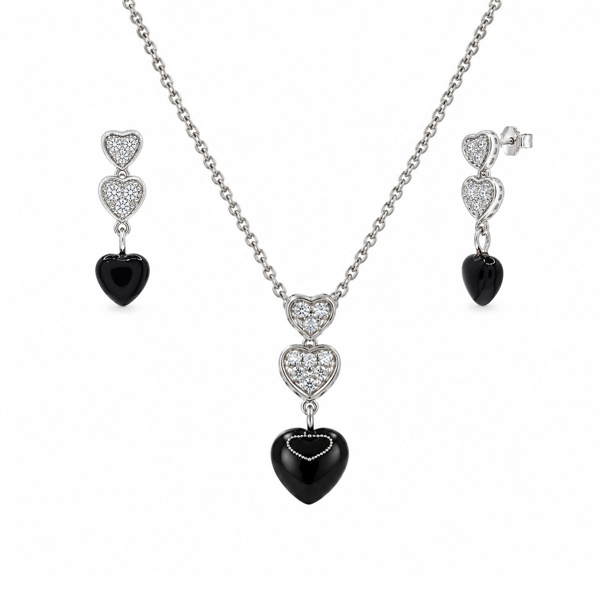 Juego de aretes y collar de ónix negro con circonita cúbica y corazón colgante chapado en rodio en plata 925 - STS00109
