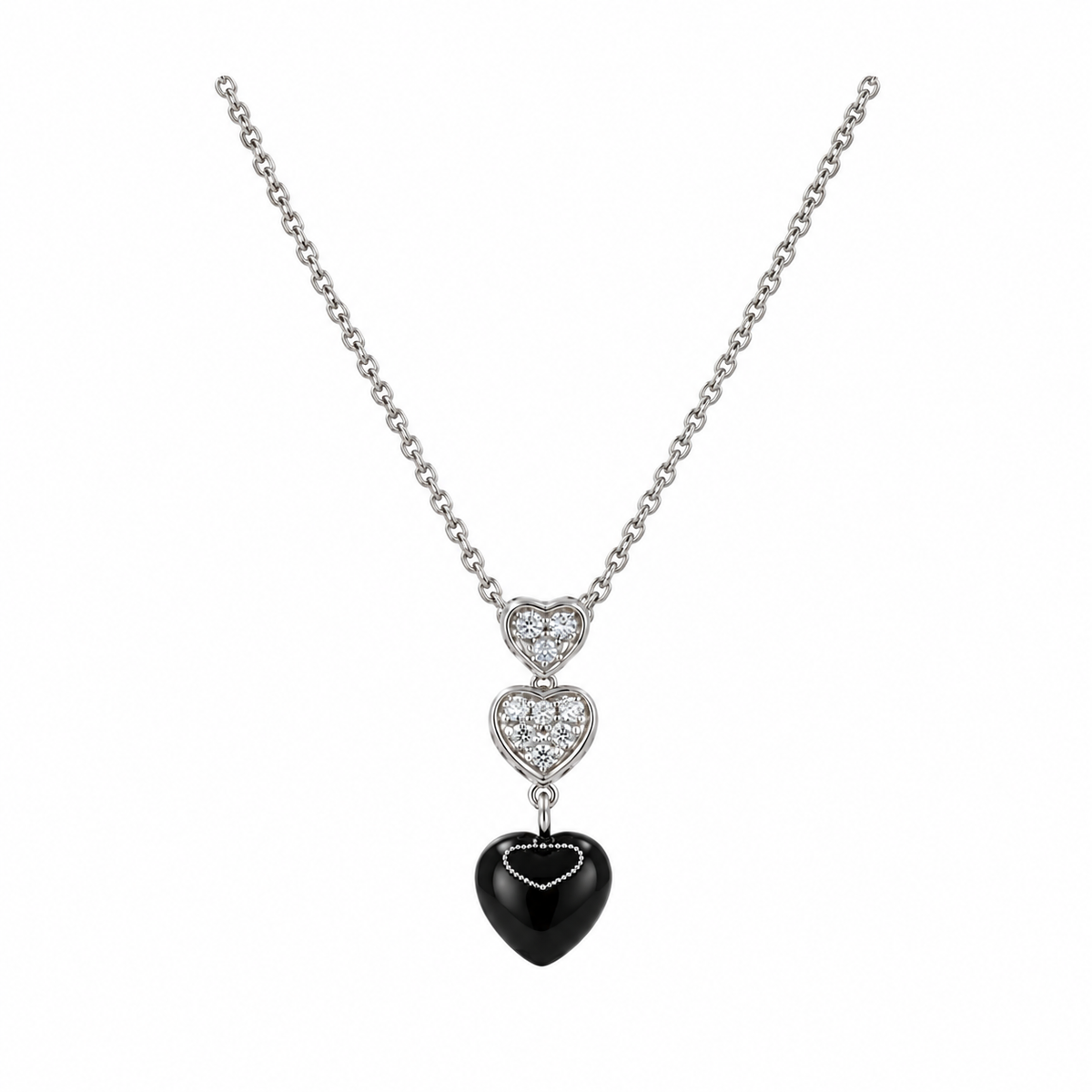 Juego de aretes y collar de ónix negro con circonita cúbica y corazón colgante chapado en rodio en plata 925 - STS00109