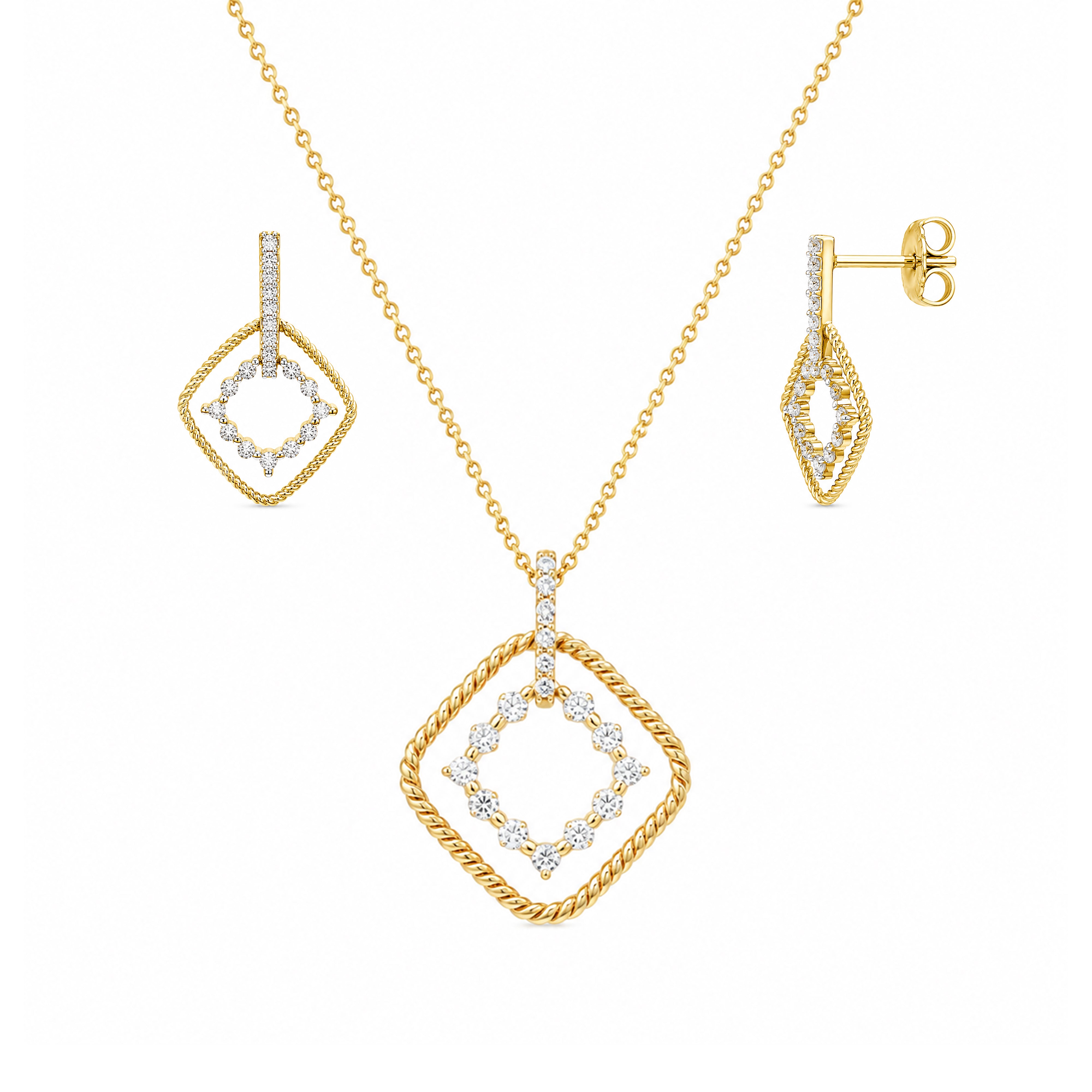 Clearance-Gold Plated 925 Sterling Silver Diamond Shape Dangling CZ Sets - STS00139