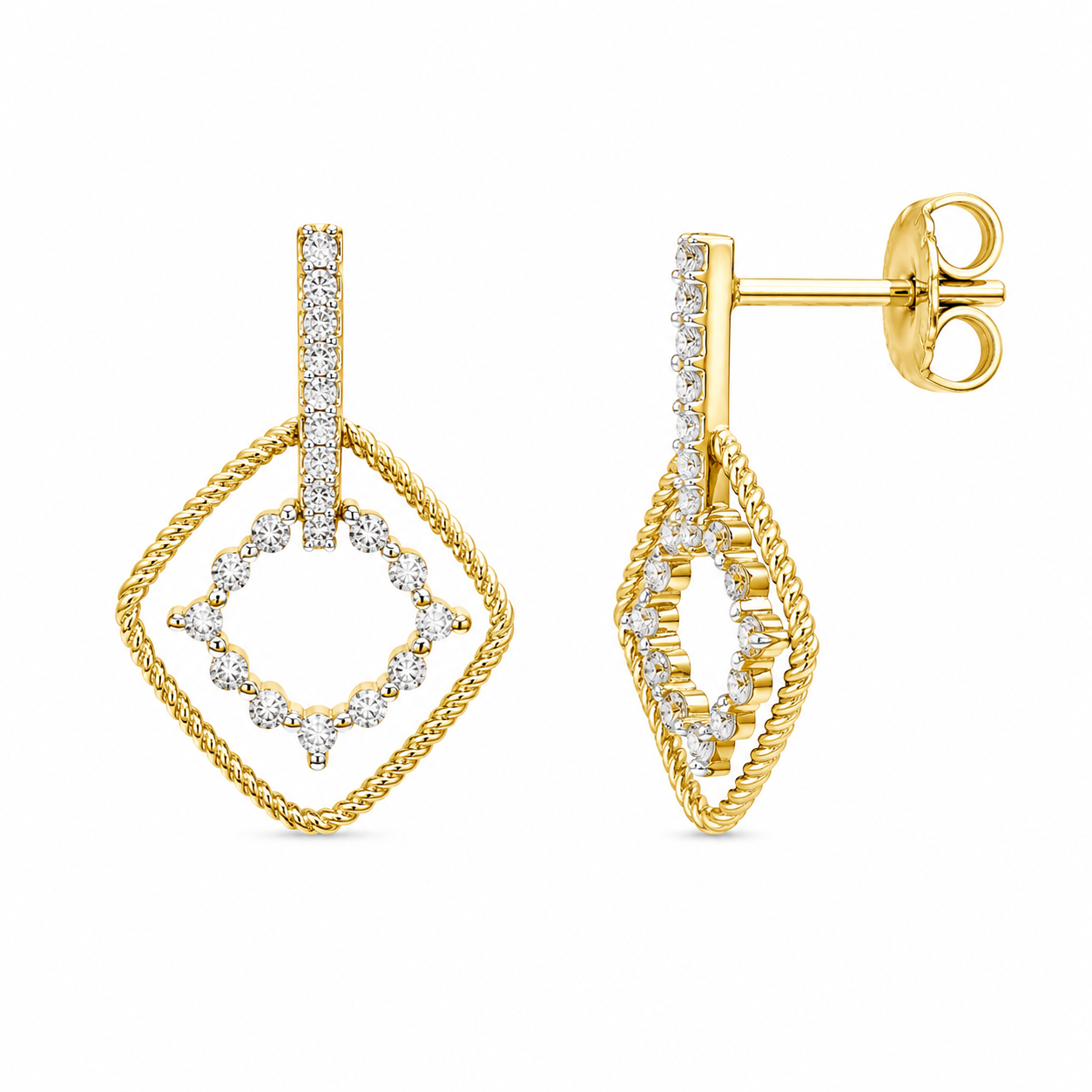 Clearance-Gold Plated 925 Sterling Silver Diamond Shape Dangling CZ Sets - STS00139