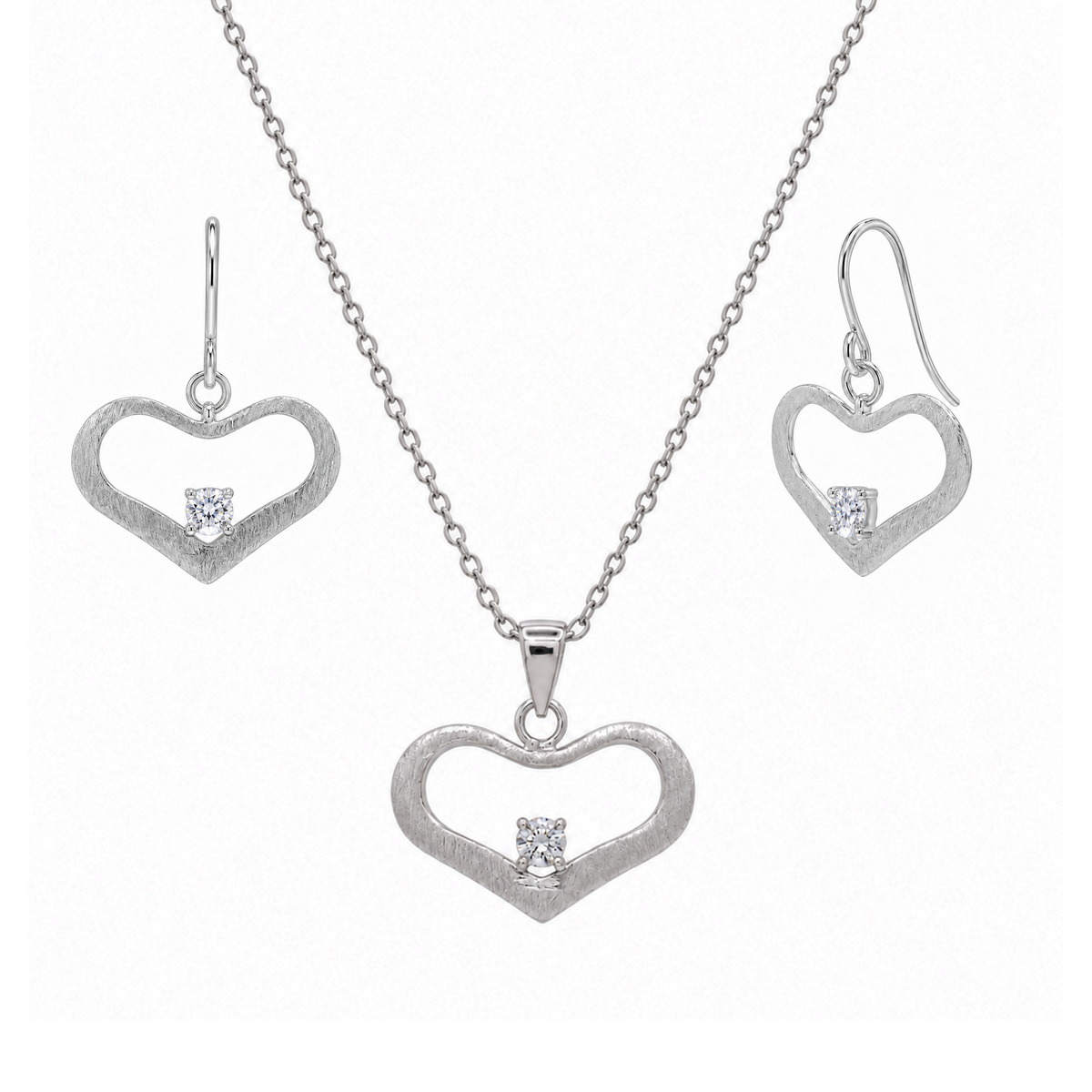 Liquidación - Conjunto de pendientes y collar con gancho colgante de corazón abierto con circonitas cúbicas en plata 925 rodiada - STS00155