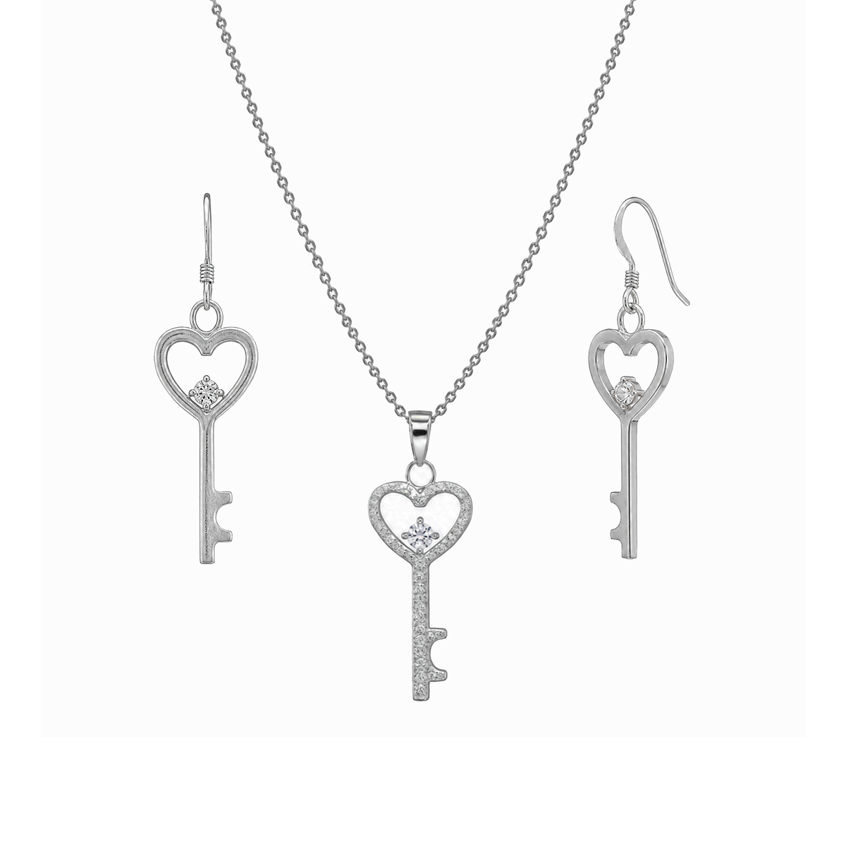 Juego de aretes y collar con gancho de circonita cúbica con forma de corazón del Reino chapado en rodio de plata 925 - STS00156