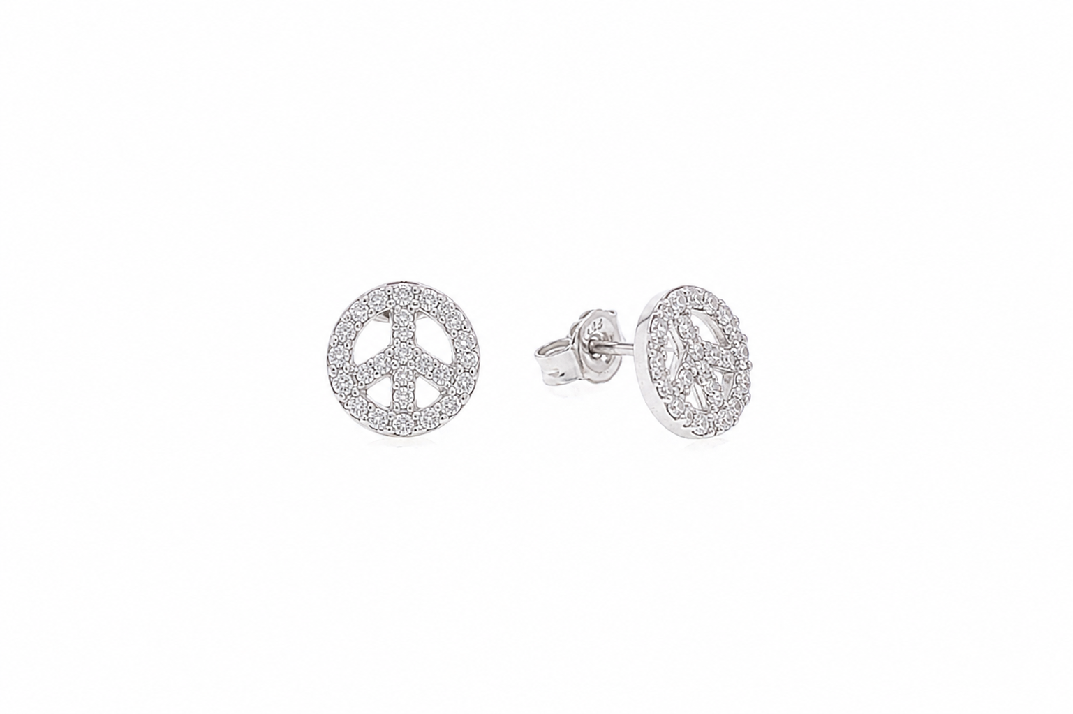 Clearance- Rhodium Plated 925 Silver CZ Peace Sign Earring and Necklace Set - STS00157