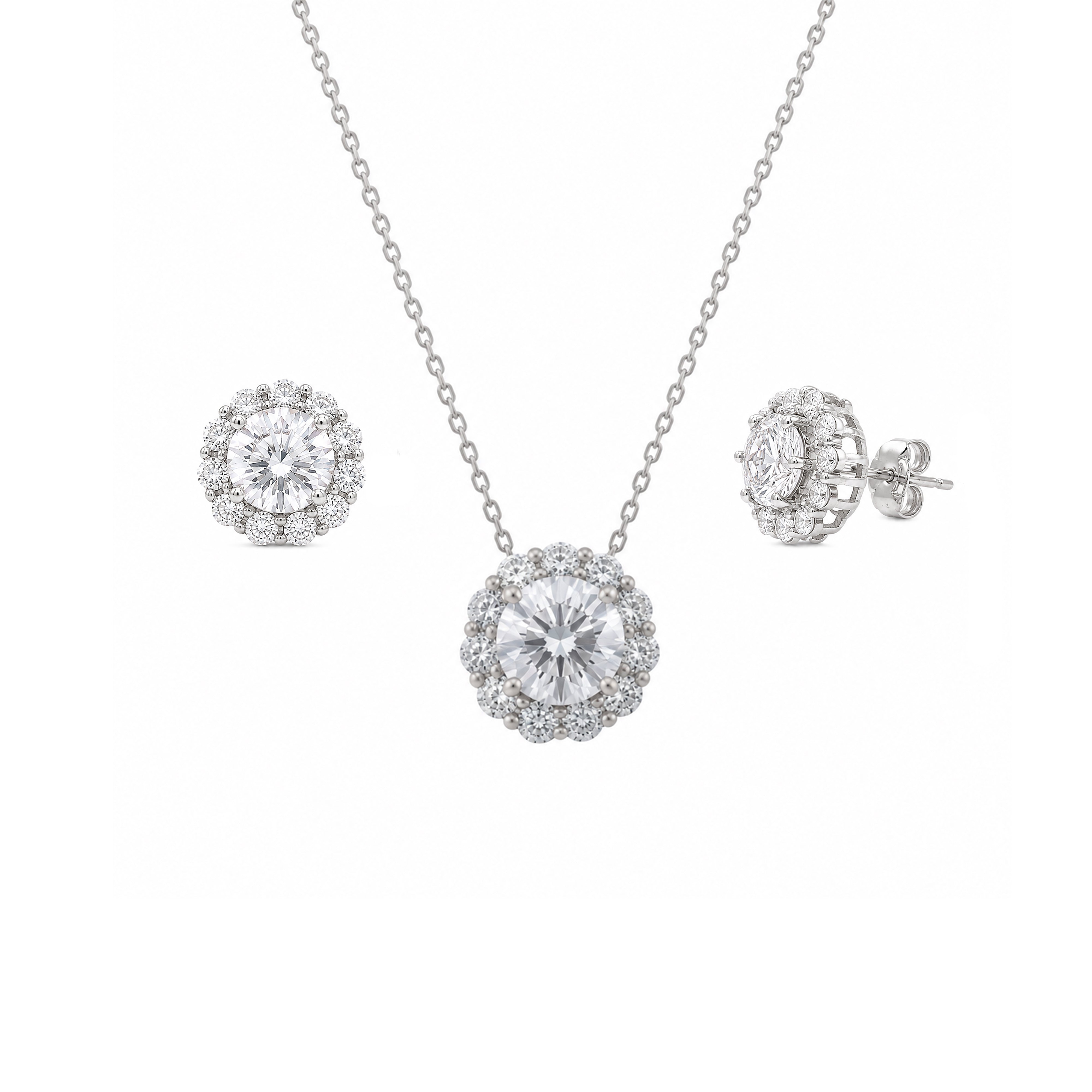 Rhodium Plated 925 Silver Halo CZ Stud Earring and Necklace Set - STS00158