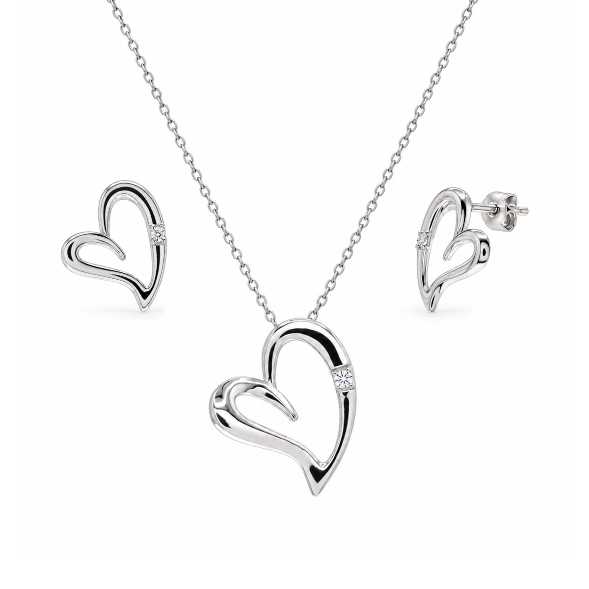 Conjunto de pendientes y collar con circonitas cúbicas en forma de corazón abierto en plata de ley 925 rodiada - STS00159