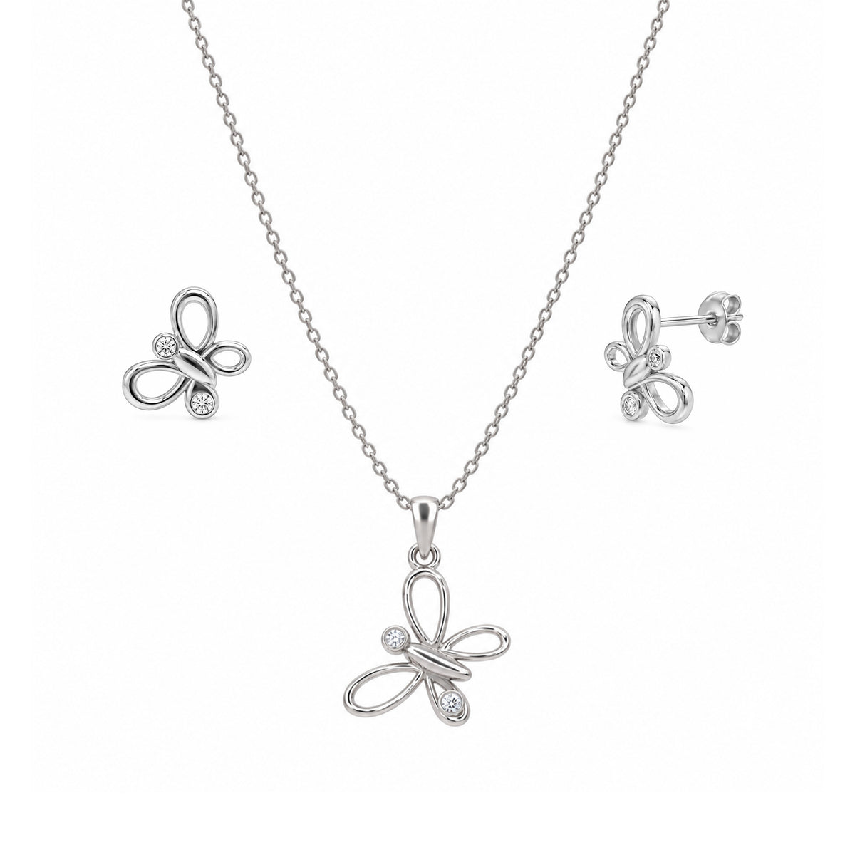 Juego de aretes y collar con circonita cúbica de mariposa abierta chapada en rodio en plata 925 - STS00161