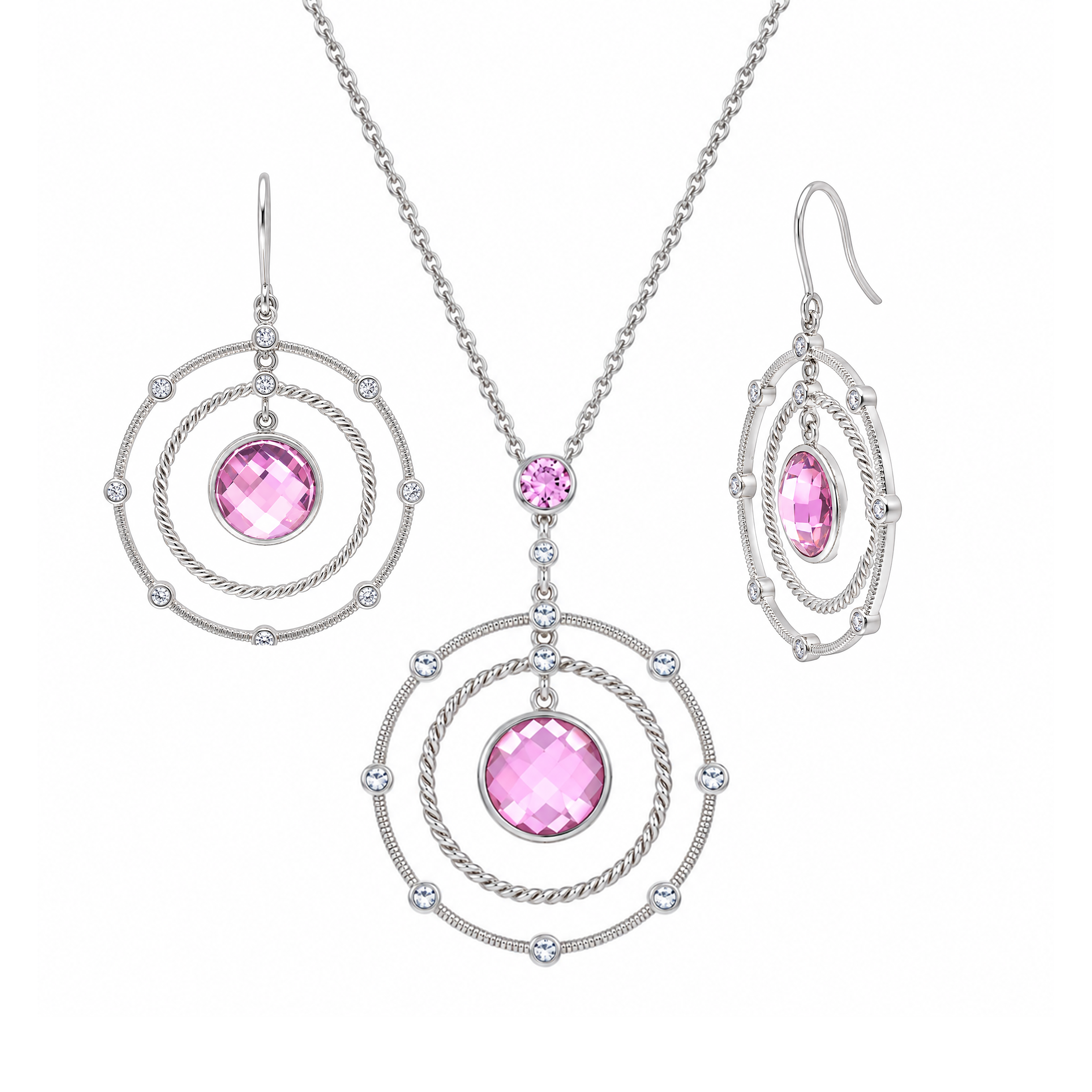 Final Price- Rhodium Plated 925 Sterling Silver Multi Textured Circle Clear & Pink CZ Necklace and Earring Set- STS00181
