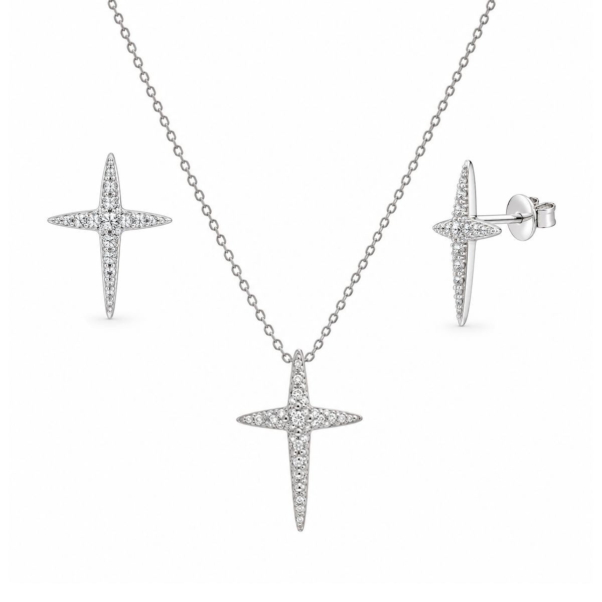 Juego de aretes y collar con circonita cúbica y estrella cruzada afilada chapada en rodio en plata 925 - STS00199