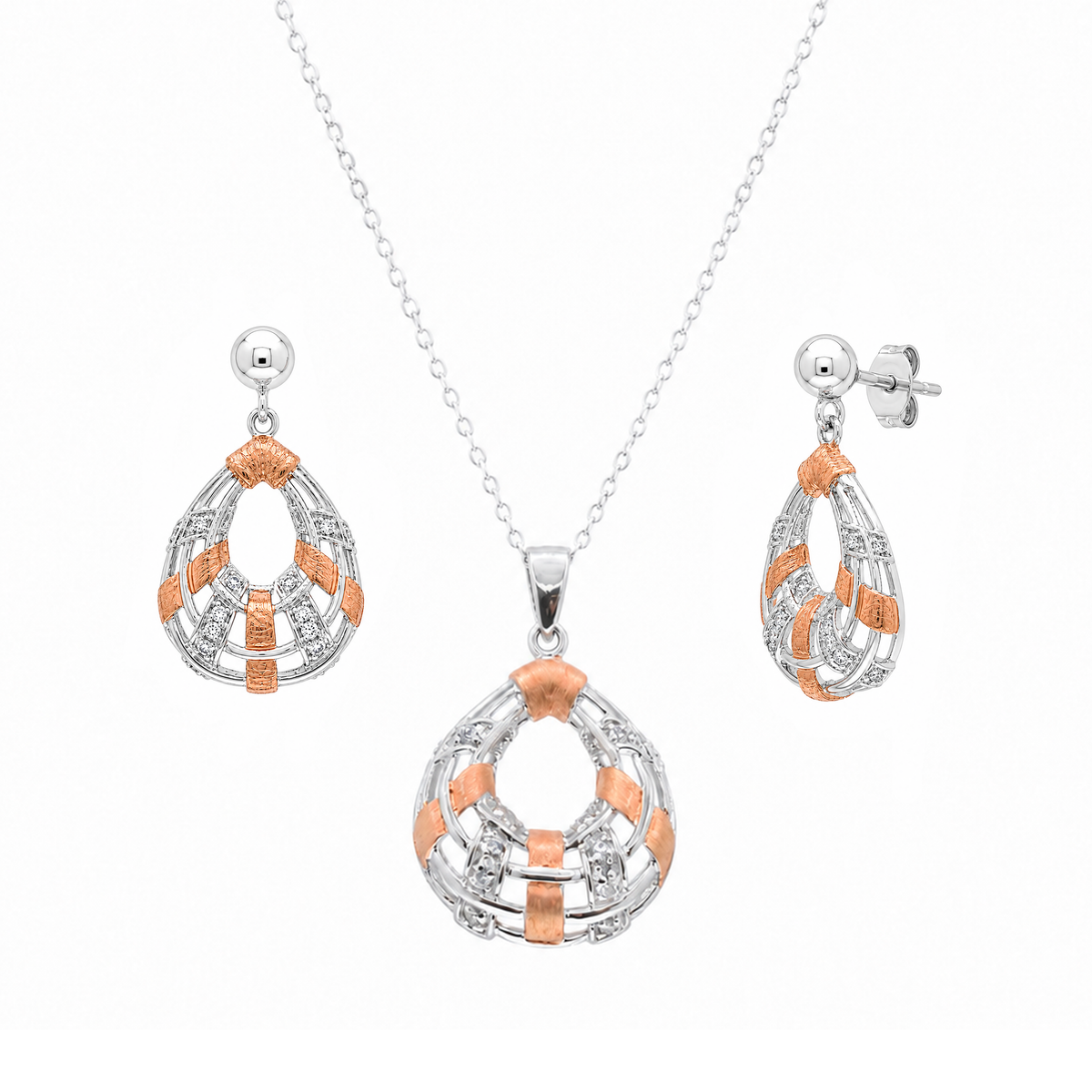 Final Price-Two Tone Plated 925 Sterling Silver Accented CZ Teardrop Pendant & Earring Jewelry Set- STS00201