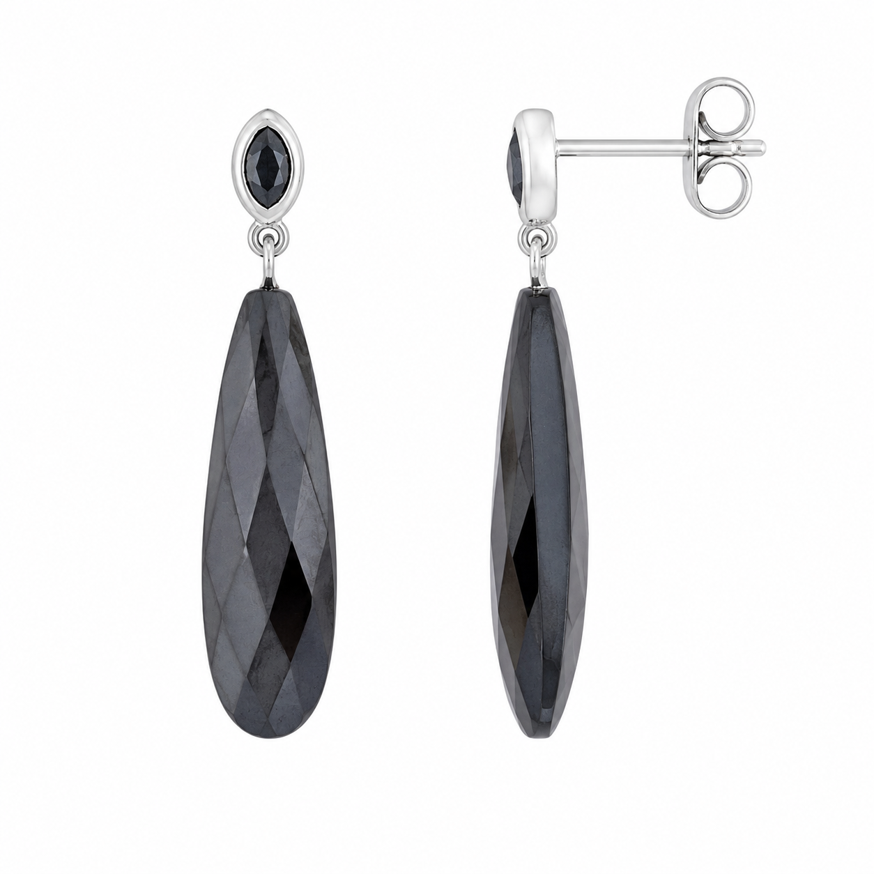 Rhodium Plated 925 Silver Elongated Black Cz Tear Drop Dangle Stud Earring and Necklace Set - STS00202