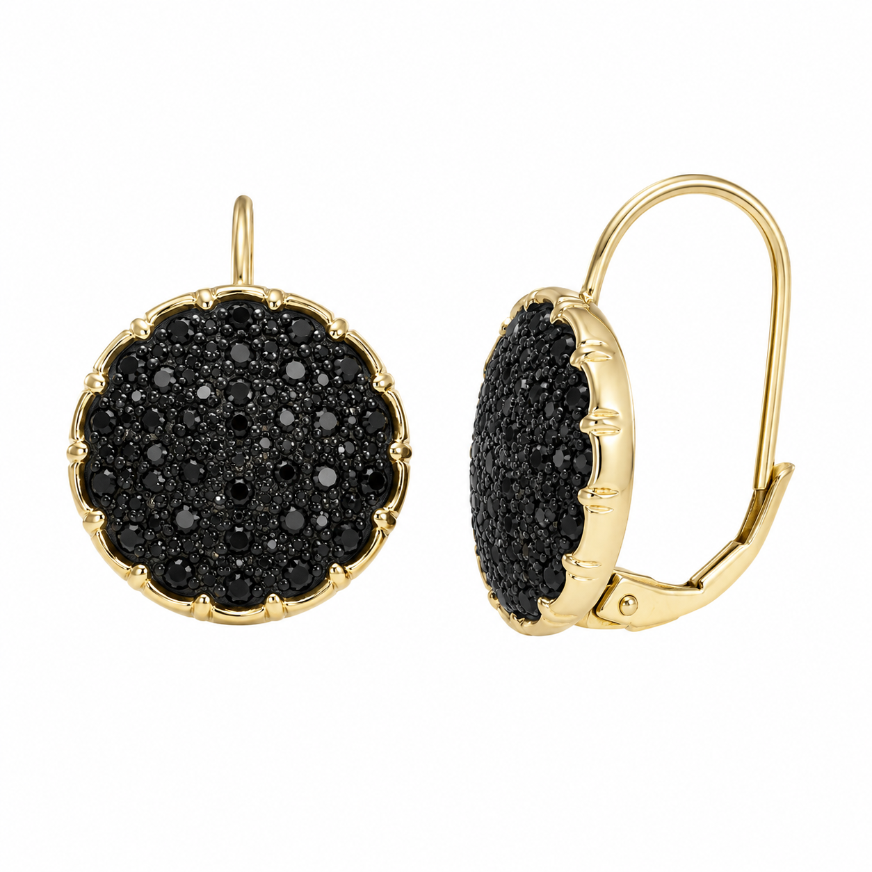 Gold Plated 925 Silver Round Black CZ Lever Back Earring and Necklace Set - STS00231