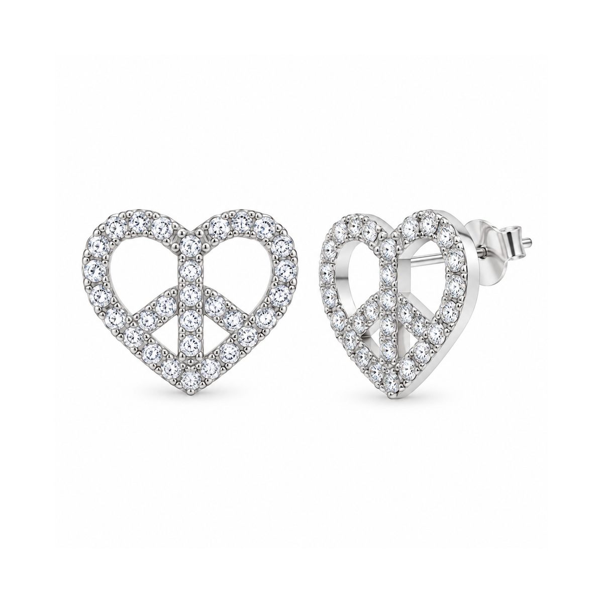 Clearance - Rhodium Plated 925 Sterling Silver CZ Heart Peace Sign Earring and Necklace Set - STS00235