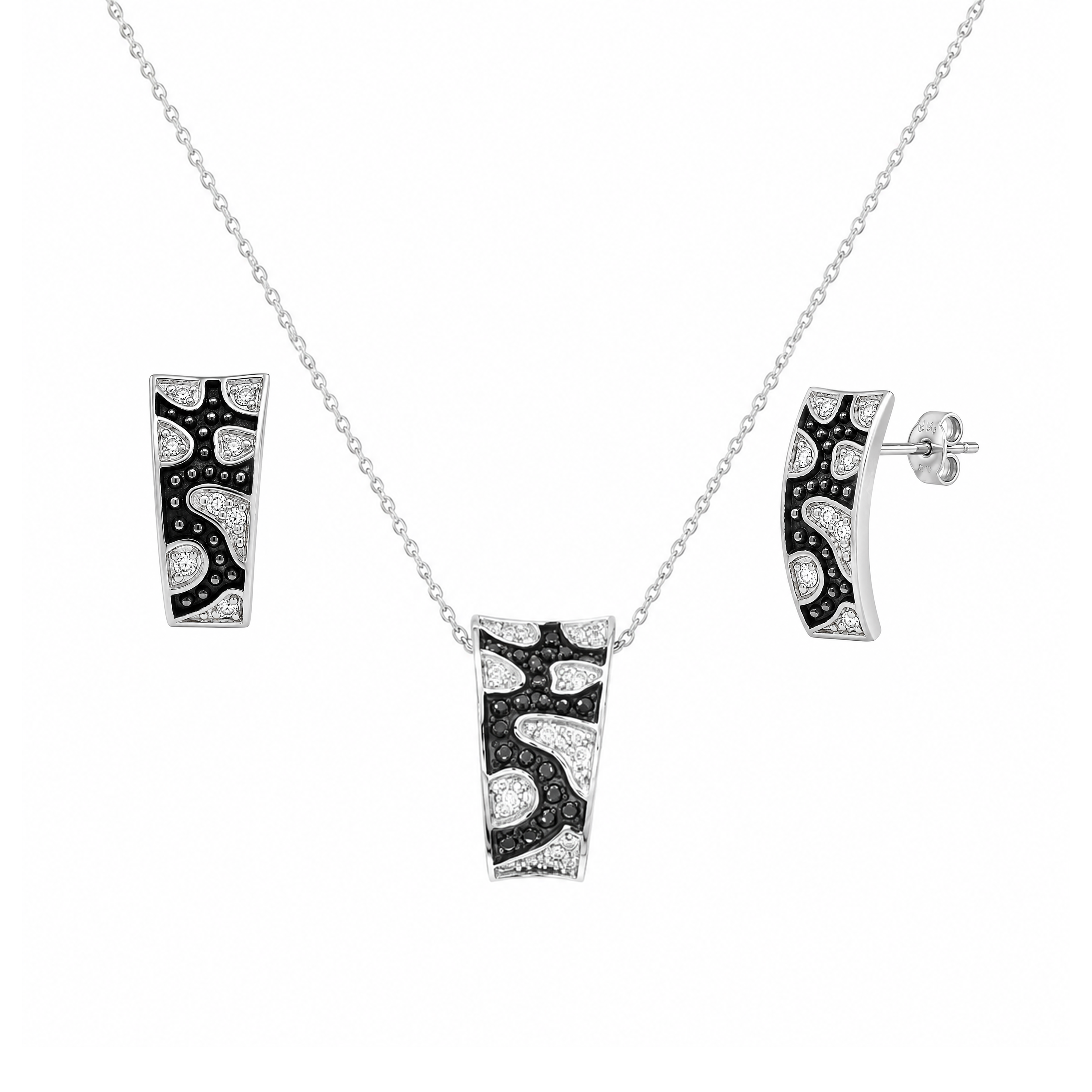 Black & Rhodium Plated 925 Silver Abstract Curved Rectangle CZ Stud Earring and Necklace Set - STS00240