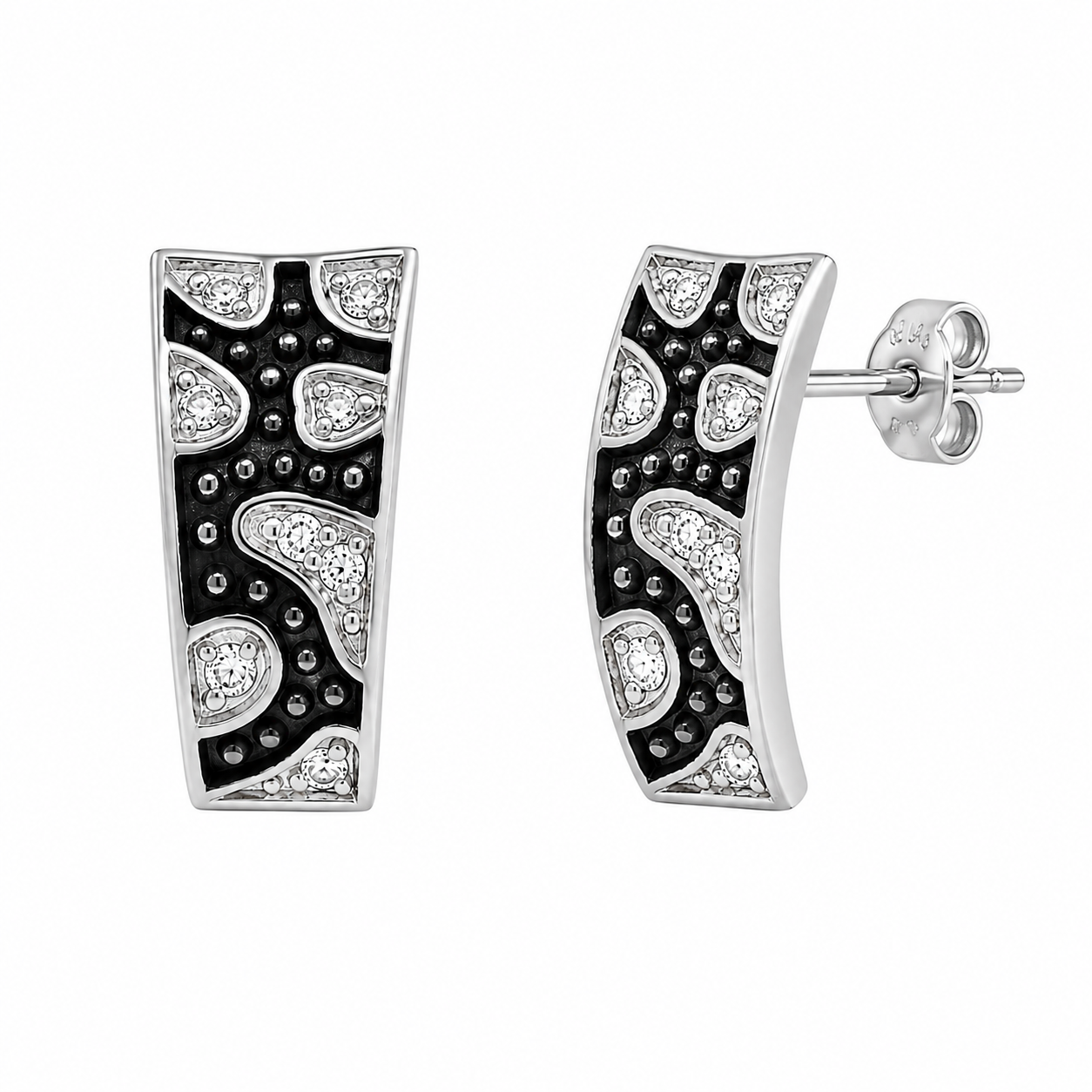 Black & Rhodium Plated 925 Silver Abstract Curved Rectangle CZ Stud Earring and Necklace Set - STS00240