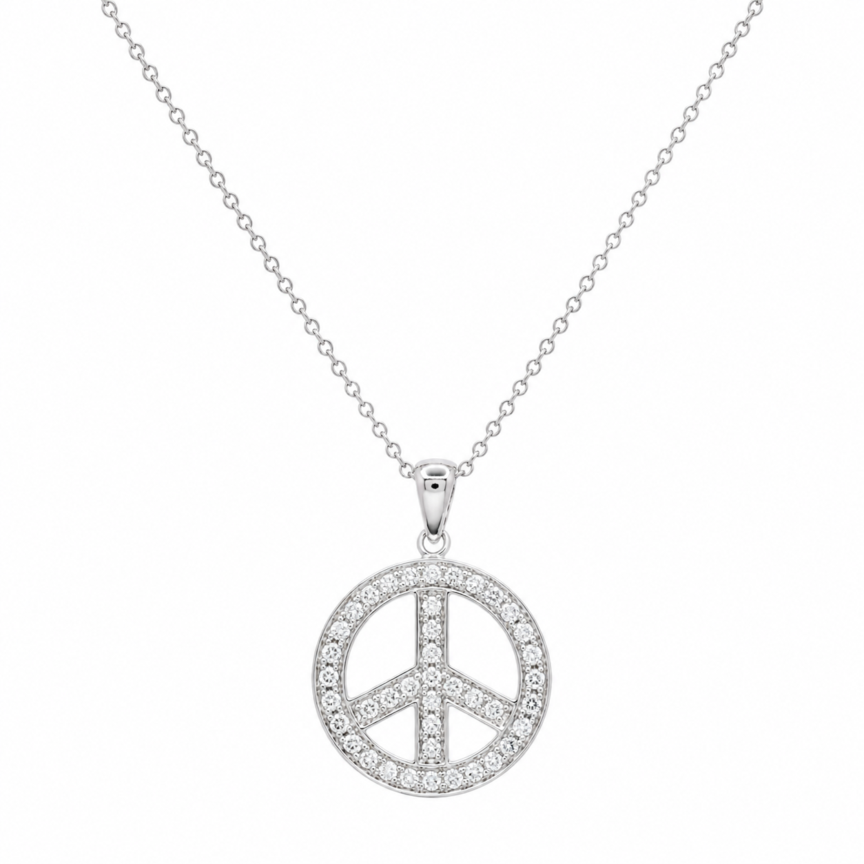 Rhodium Plated 925 Silver CZ Peace Symbol Earring and Necklace Set - STS00249