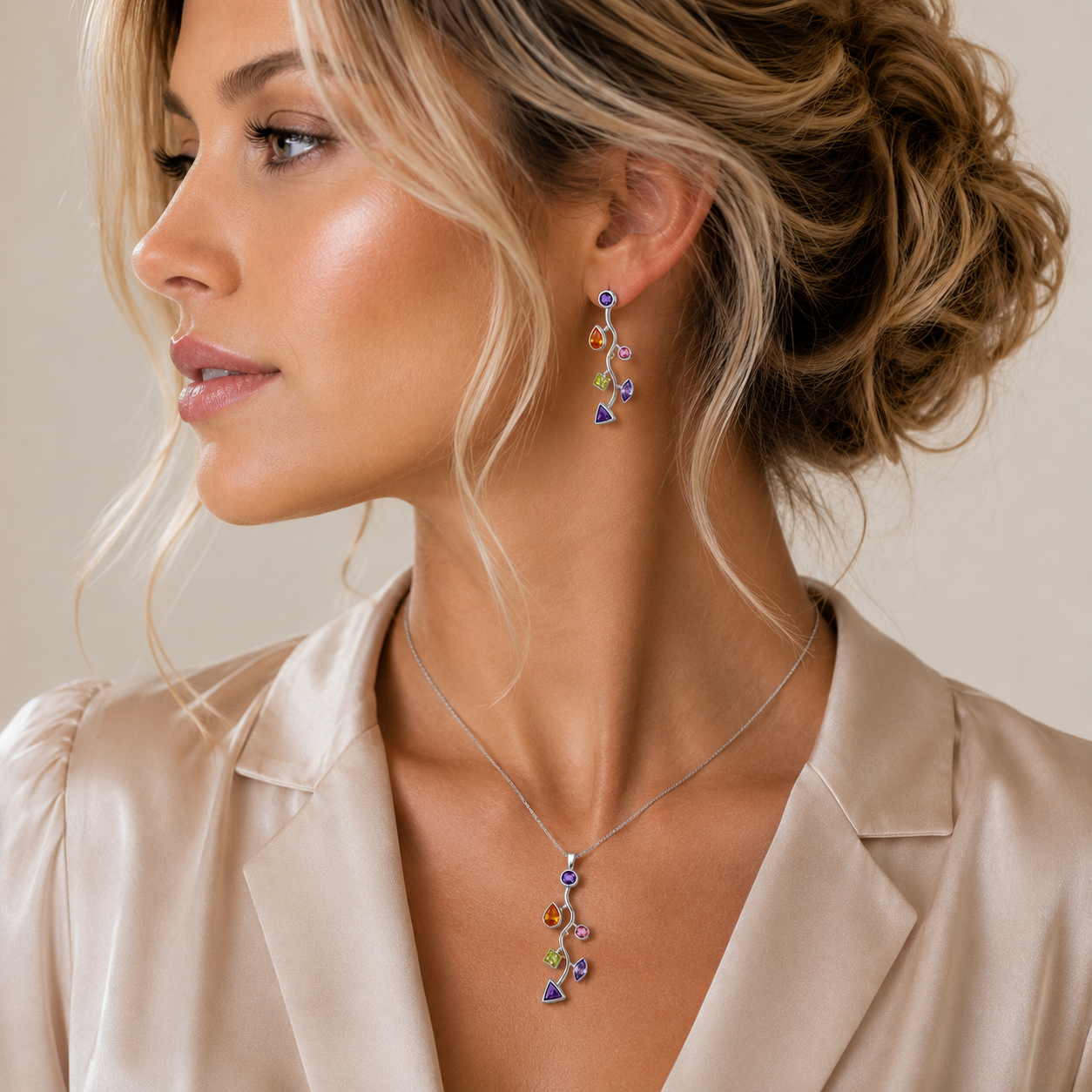 Rhodium Plated Multi Shaped Multicolor CZ Tree Branch Dangling Stud Earring and Necklace Set - STS00254
