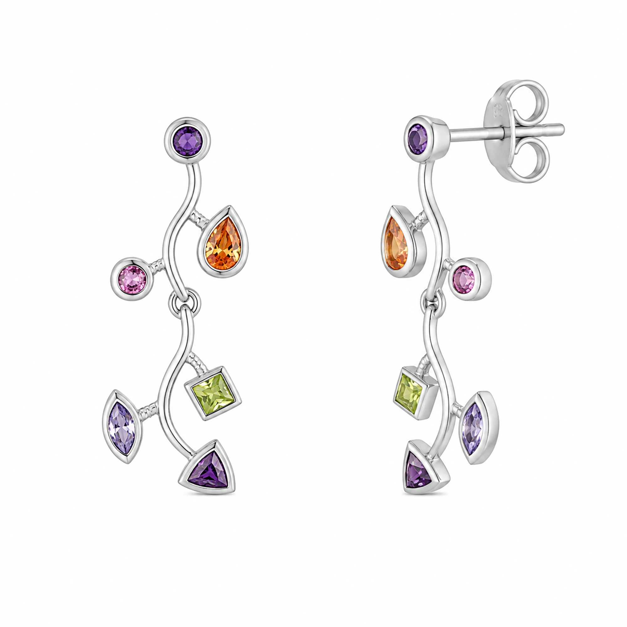 Rhodium Plated Multi Shaped Multicolor CZ Tree Branch Dangling Stud Earring and Necklace Set - STS00254