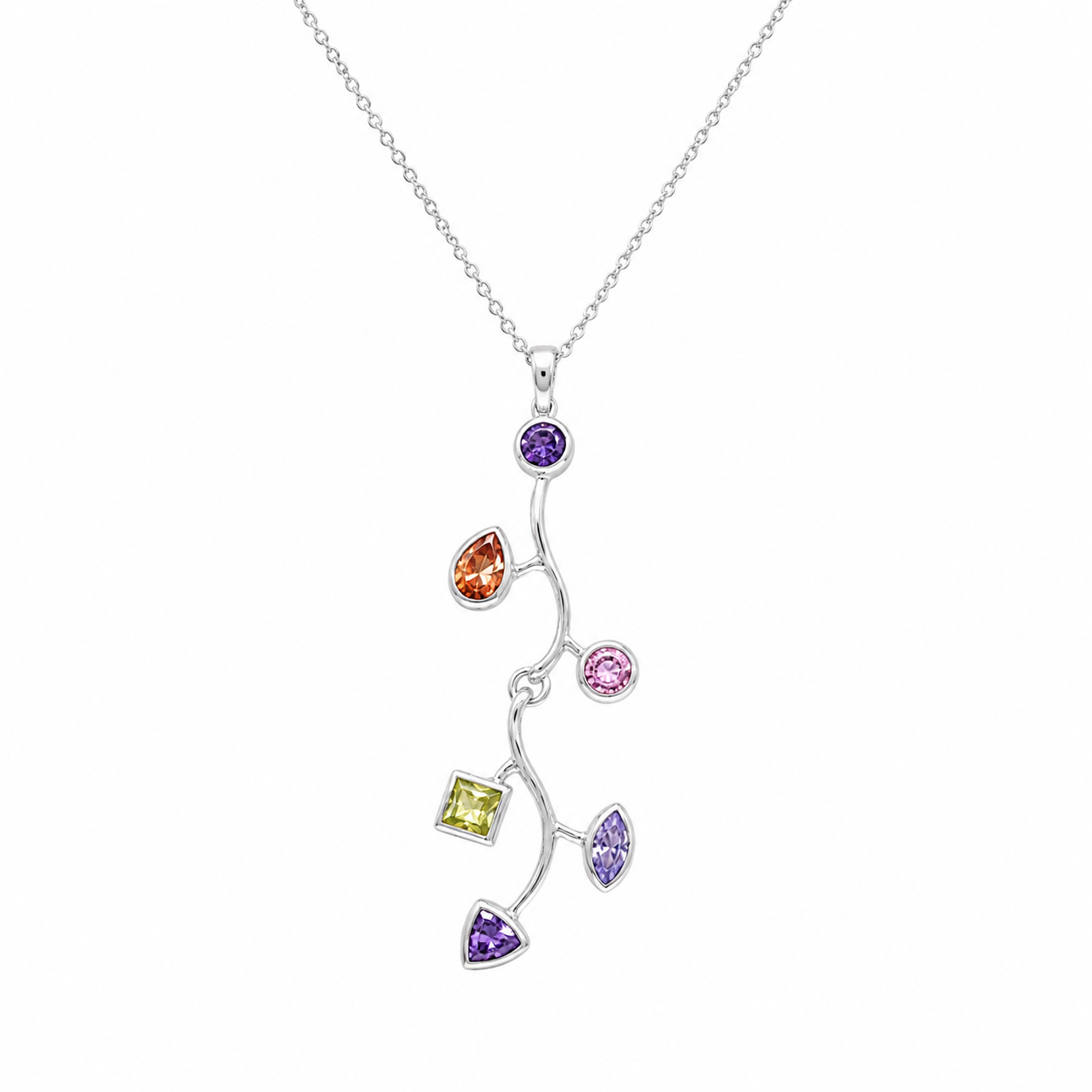 Rhodium Plated Multi Shaped Multicolor CZ Tree Branch Dangling Stud Earring and Necklace Set - STS00254