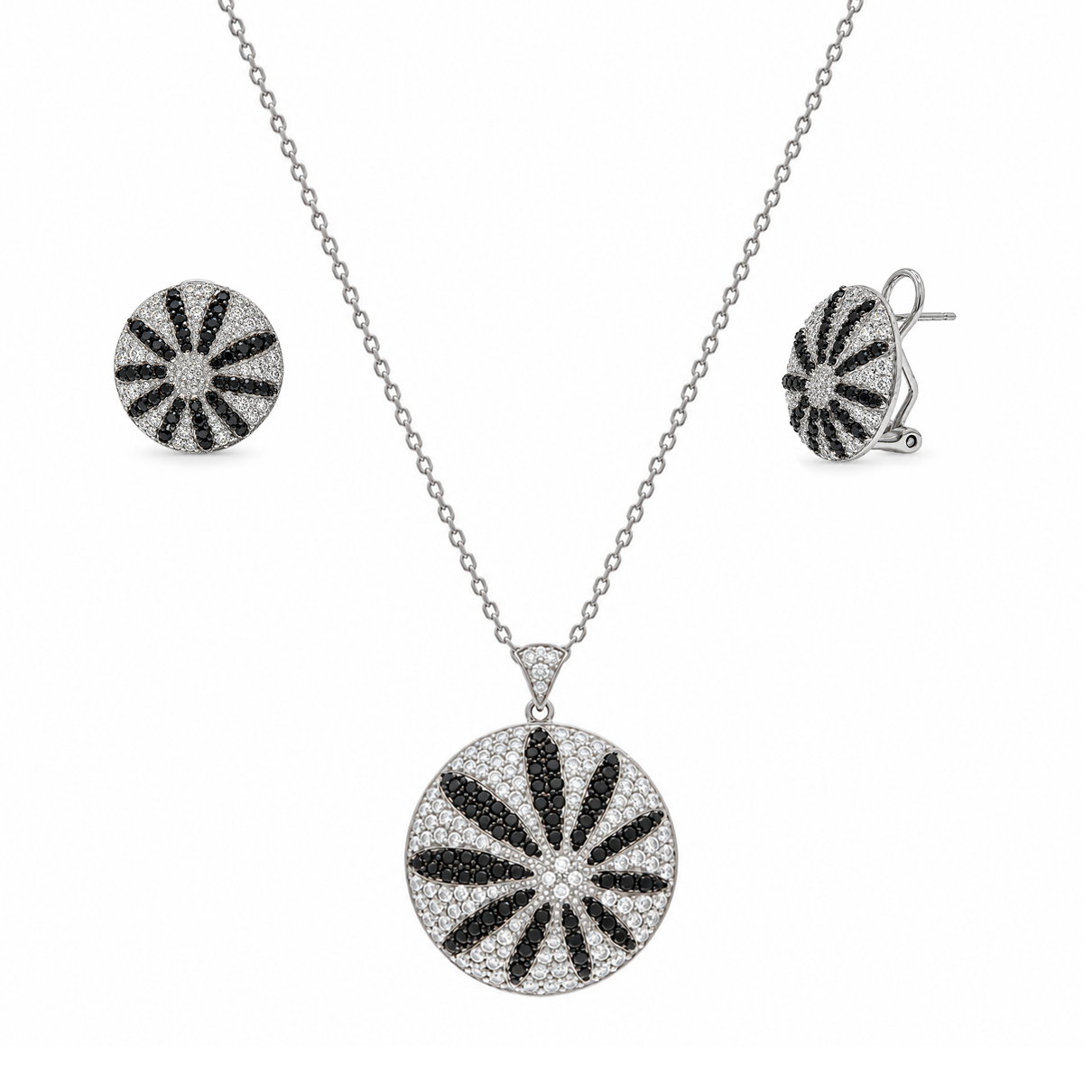 Clearance-Rhodium PLated 925 Sterling Silver Clear & Black CZ Disk Earring and Necklace Set - STS00276
