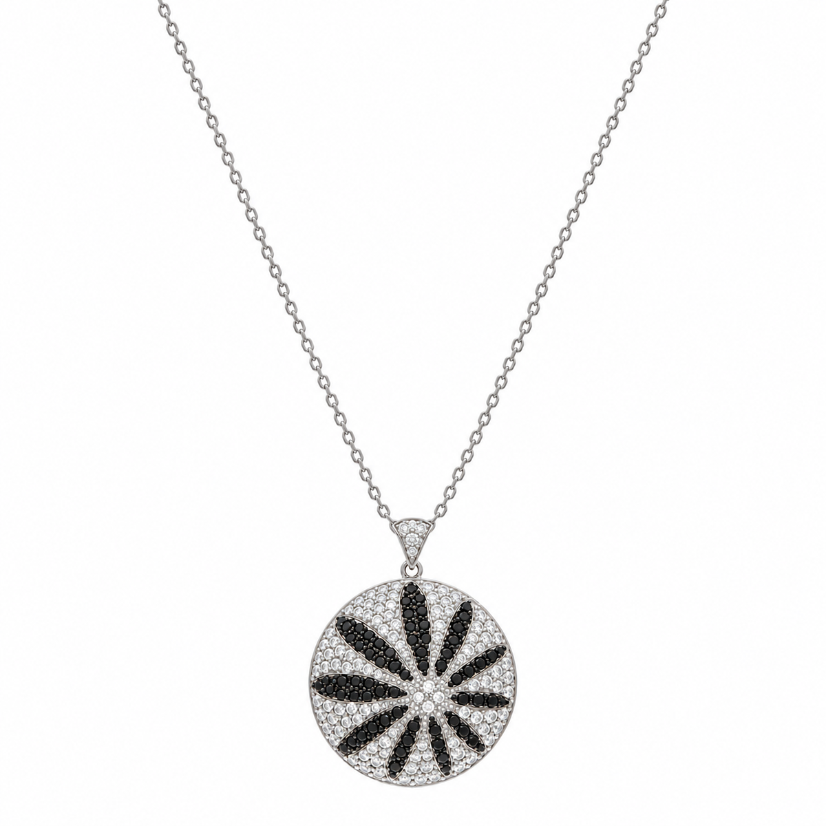 Clearance-Rhodium PLated 925 Sterling Silver Clear & Black CZ Disk Earring and Necklace Set - STS00276