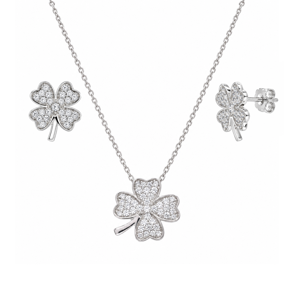 Juego de aretes y collar con circonita cúbica y trébol chapado en rodio en plata 925 - STS00278