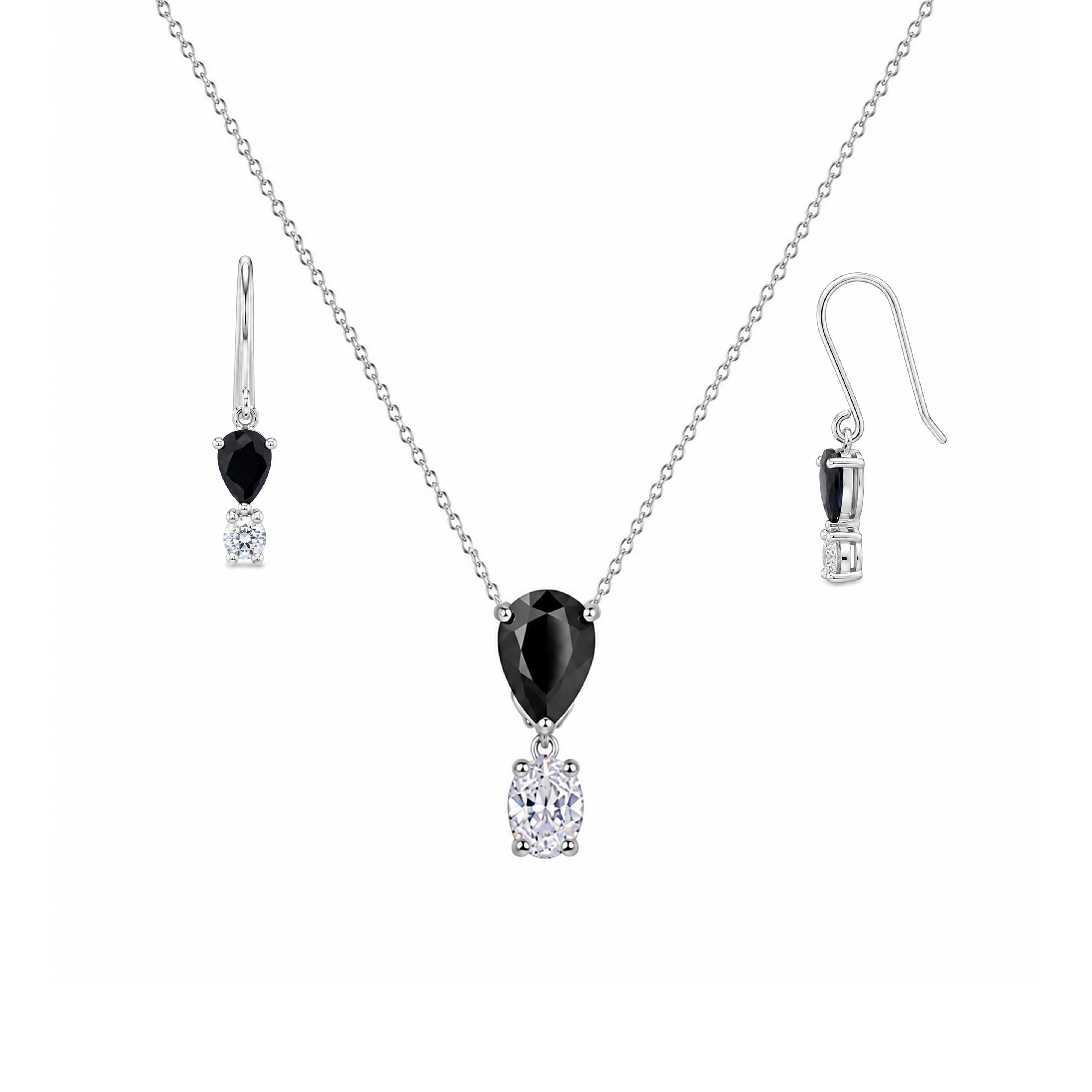 Juego de aretes y collar con gancho colgante de circonita cúbica en forma de lágrima redonda chapada en rodio de plata 925 - STS00283