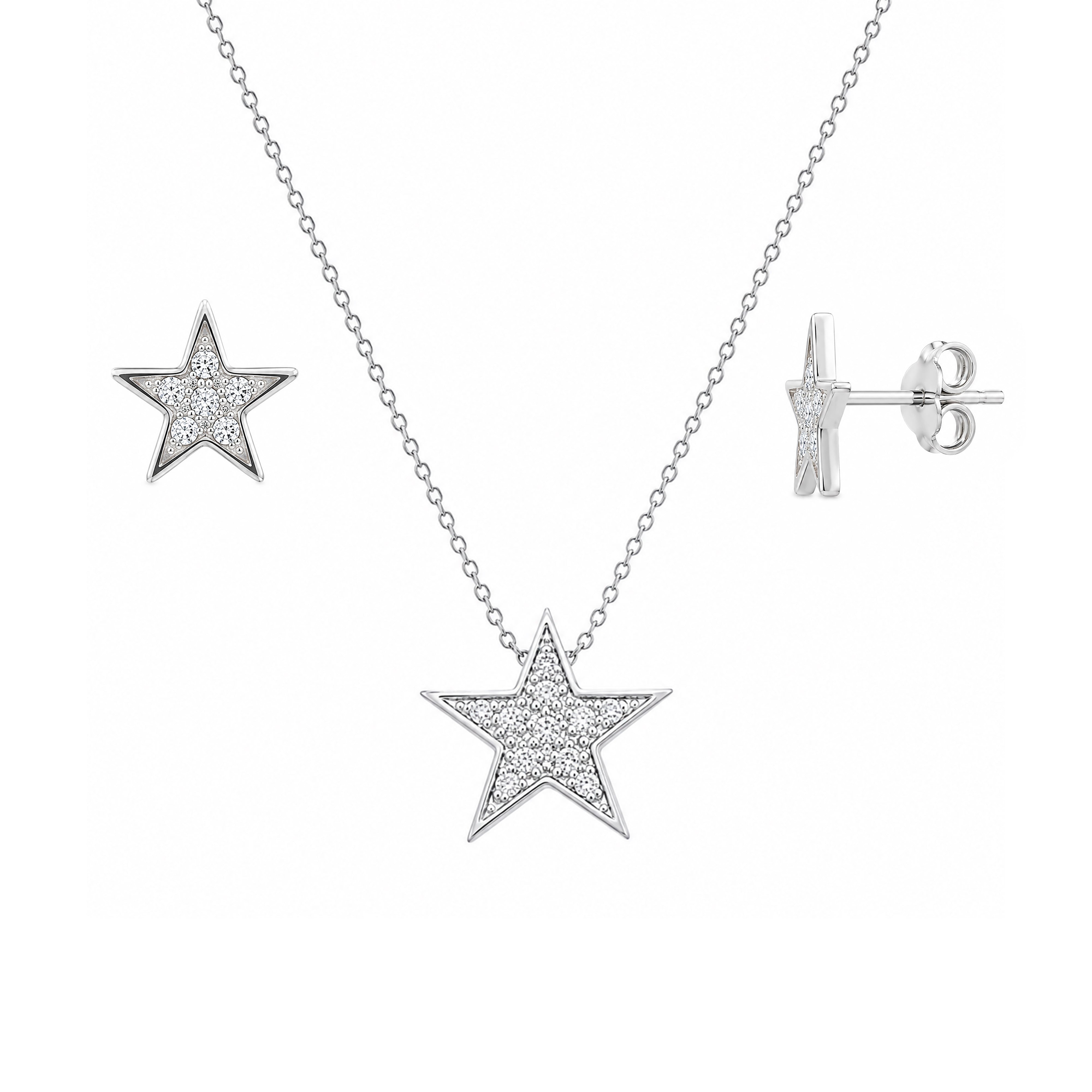 Rhodium Plated 925 Silver Star CZ Stud Earring and Necklace Set - STS00284