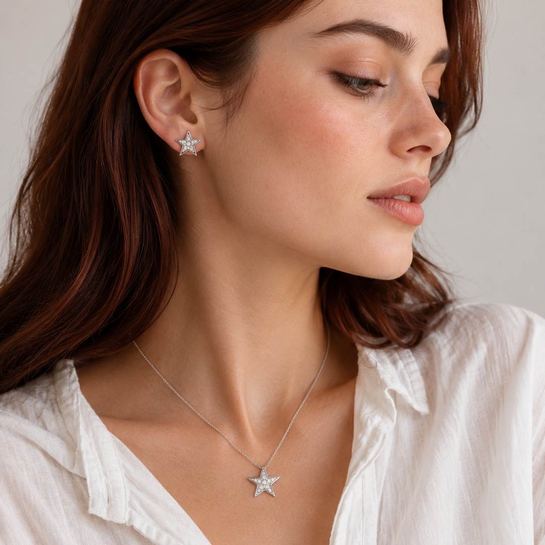 Rhodium Plated 925 Silver Star CZ Stud Earring and Necklace Set - STS00284