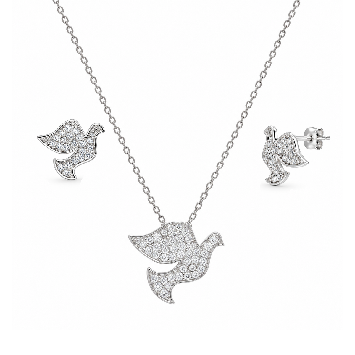 Conjunto de pendientes y collar con circonitas cúbicas en forma de paloma en plata de ley 925 rodiada - STS00285