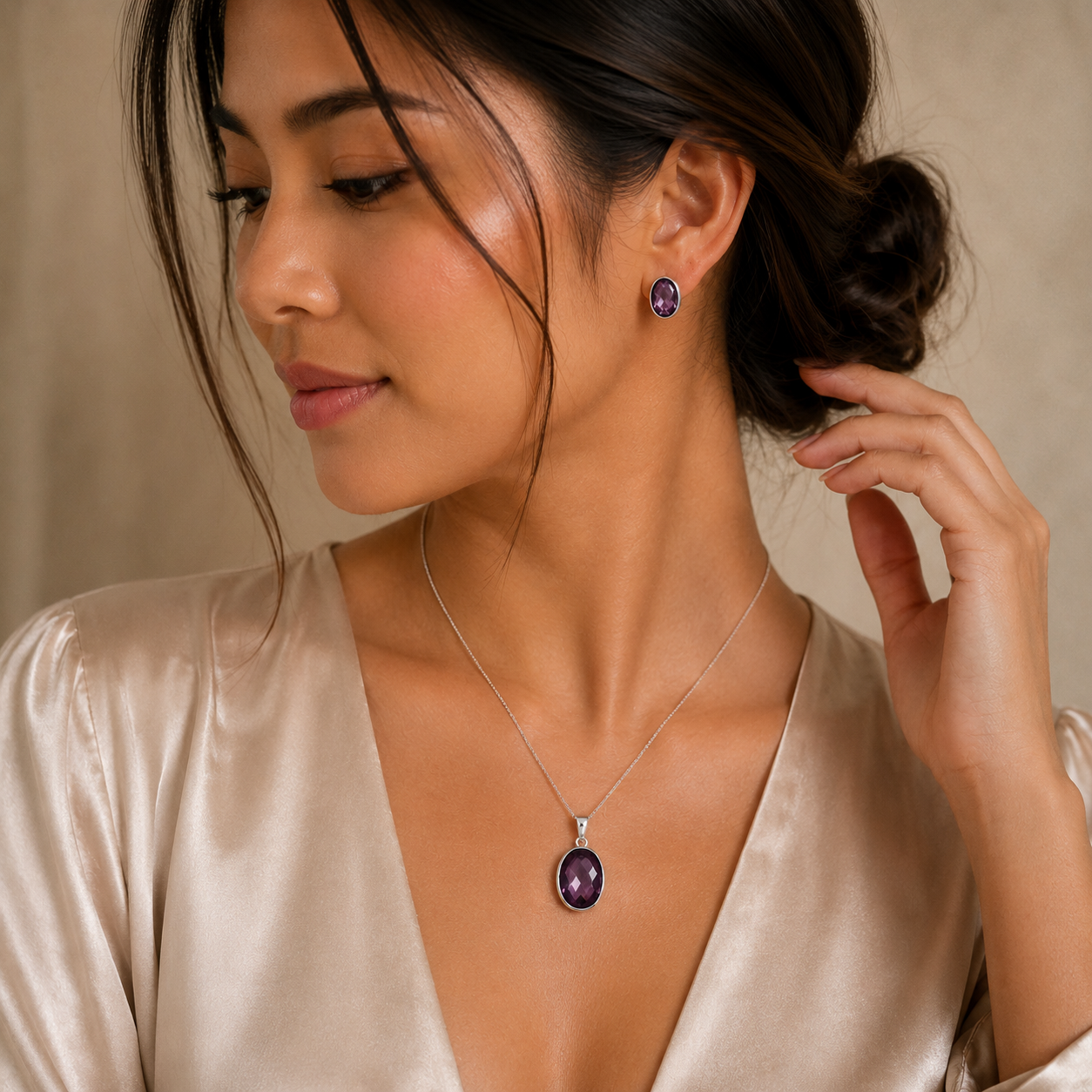 Rhodium Plated 925 Silver Oval Purple CZ Post Earring and Necklace Set - STS00288