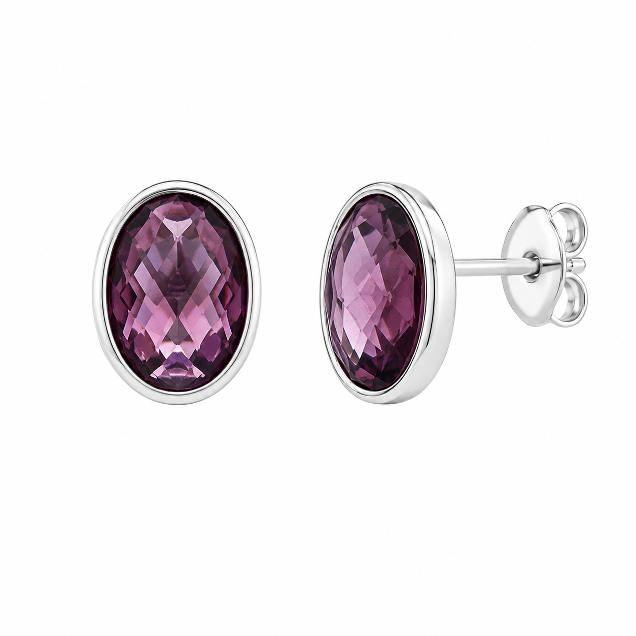 Rhodium Plated 925 Silver Oval Purple CZ Post Earring and Necklace Set - STS00288