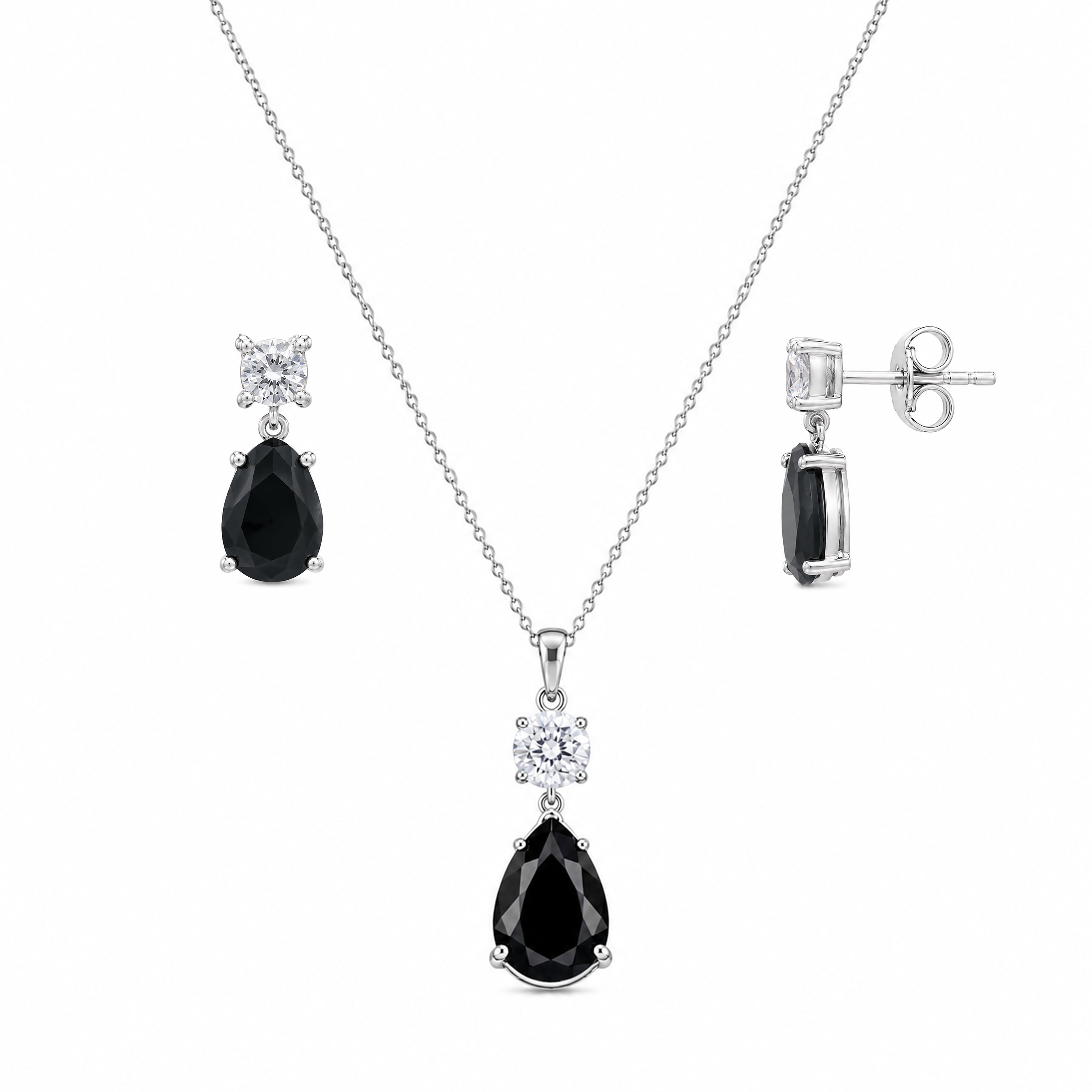 Rhodium Plated 925 Silver Teardrop Black CZ Stud Earring and Necklace Set - STS00293
